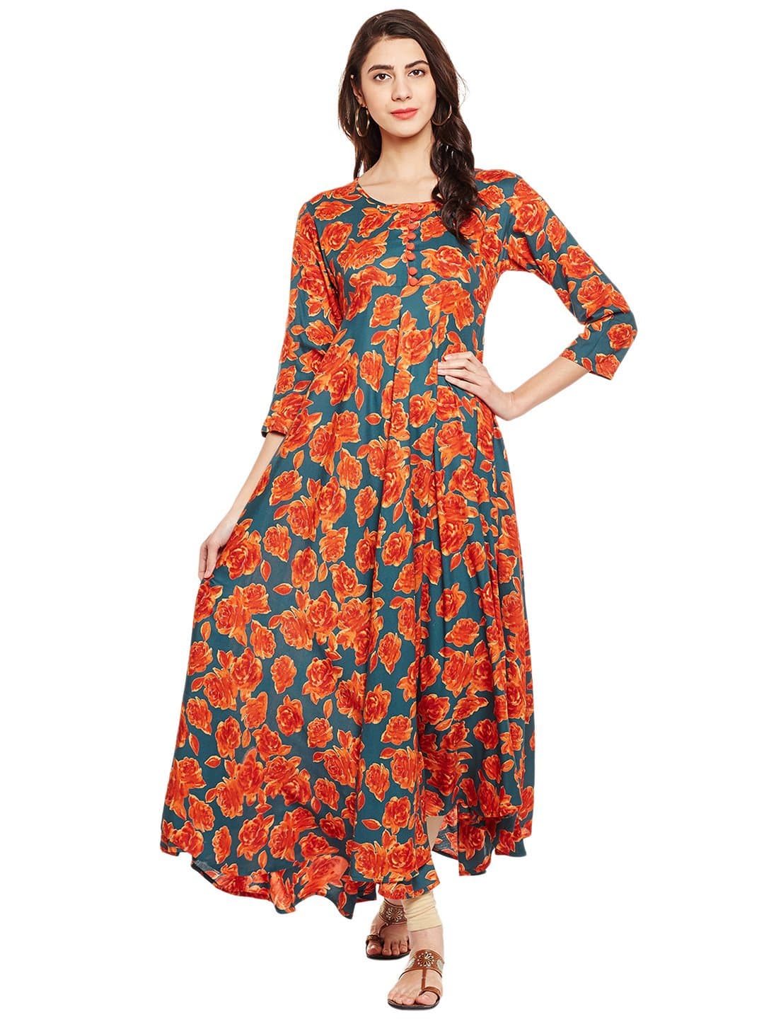 Tissu Rayon Floral Printed Flared Kurta with Buttons