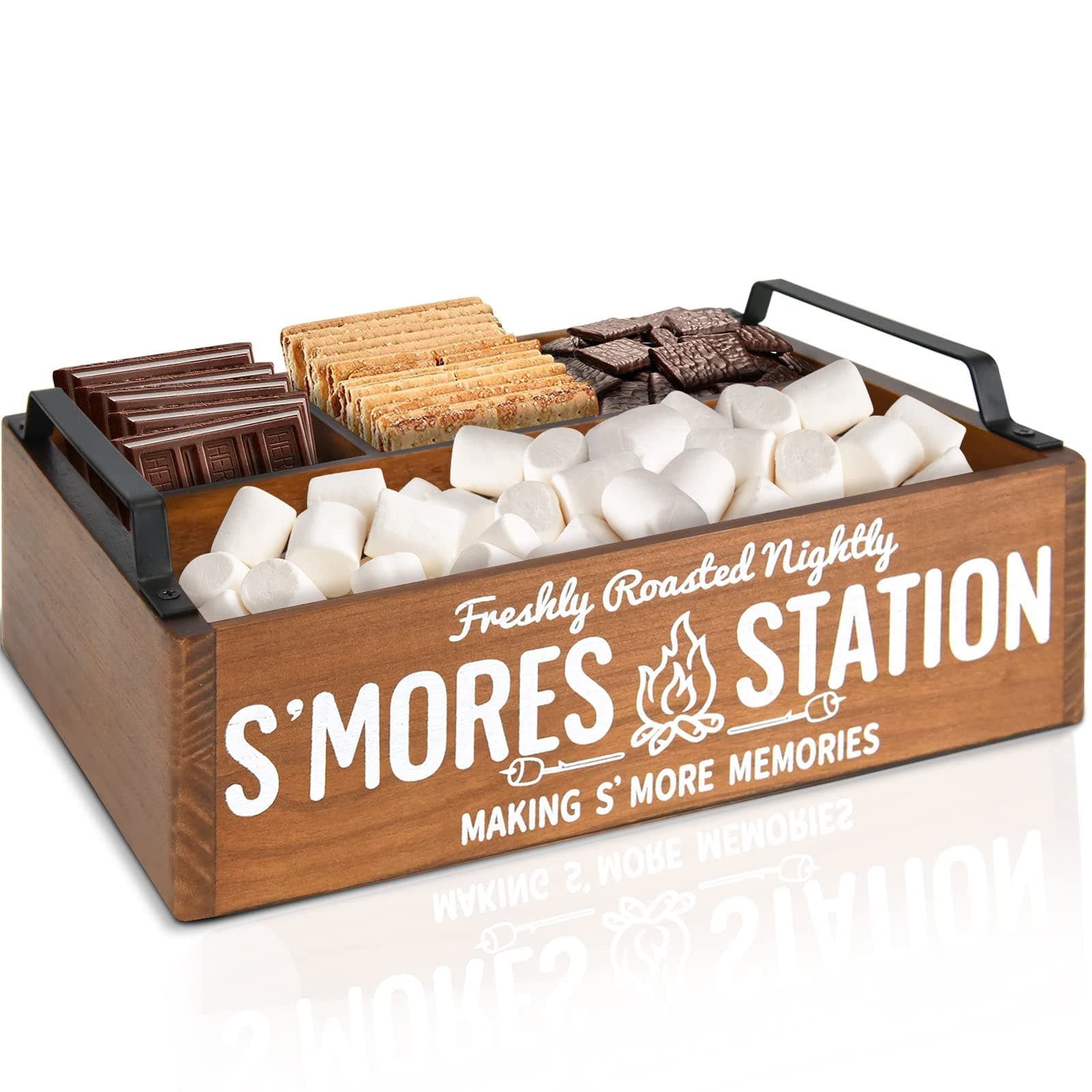 S'Mores Station, Farmhouse S'mores Bar Holder with Handles, Smores Caddy, Smores Accessories Organizer, Smores Supplies Container Box, Smores Maker Box for Smores Kit, Smores Serving Tray(Brown)