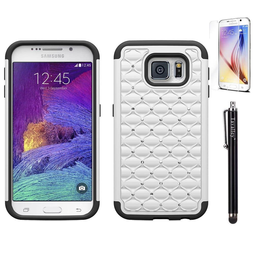 Galaxy S6 Case,Tavalley<TM> Hybrid Protective Armor Bling Case Studded Diamond Rhinestone Case Shock Resistant Cover For Samsung Galaxy S6 with Screen Protector and Stylus (White)
