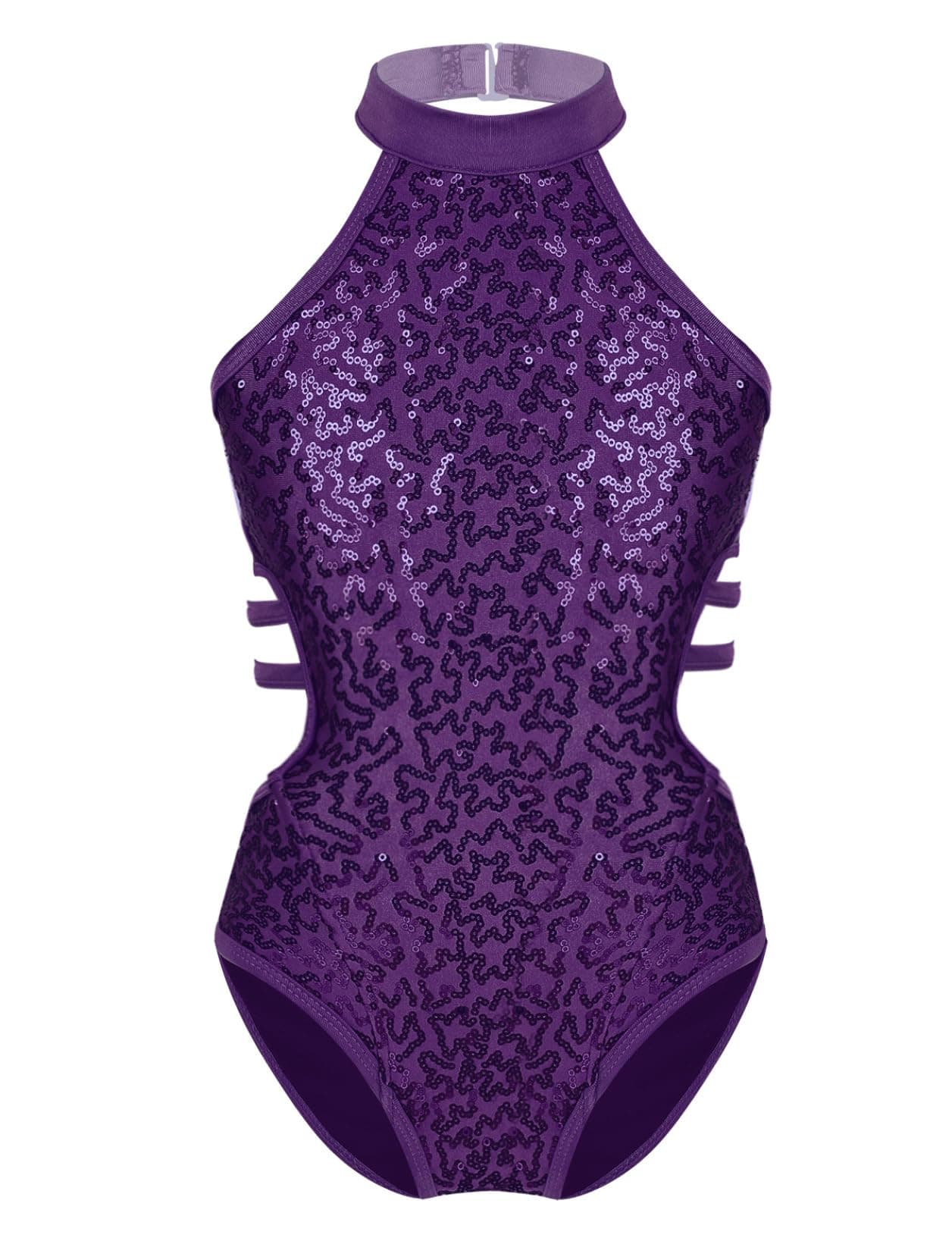 Hedmy Kids Girls Sparkly Sequins Ballet Dance Leotard Halter Bodysuit Cutout Back Gymnastics Costume Dancewear