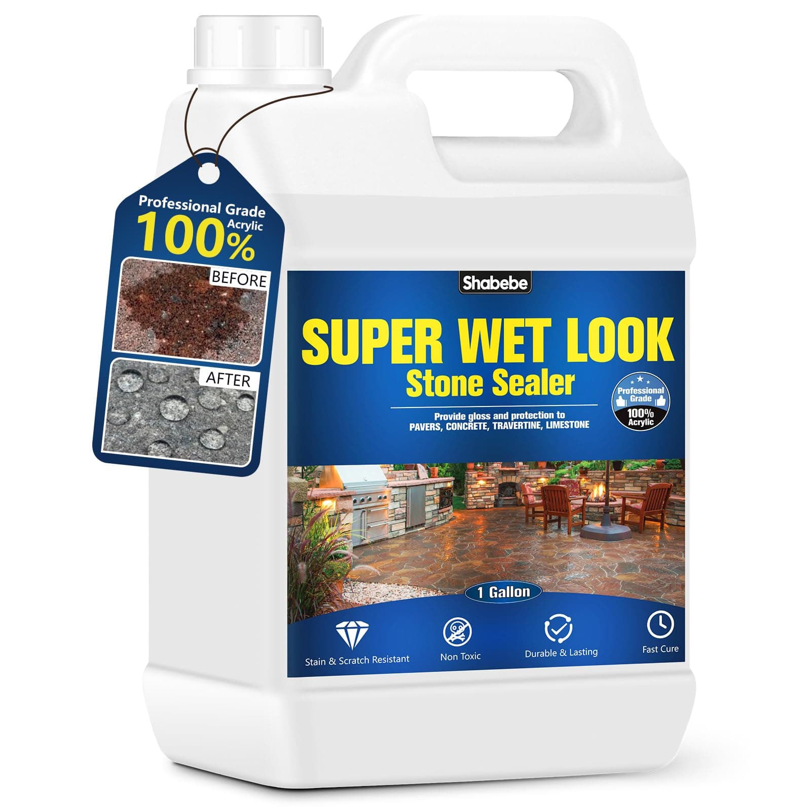 Super Wet Look Stone Sealer-1 Gallon, Durable & Long-Lasting Protection with High Gloss Finsh, Stain Proof, Against Water Damage & Dissolved Salts Natural Stone Sealer for Sandstone, Driveways