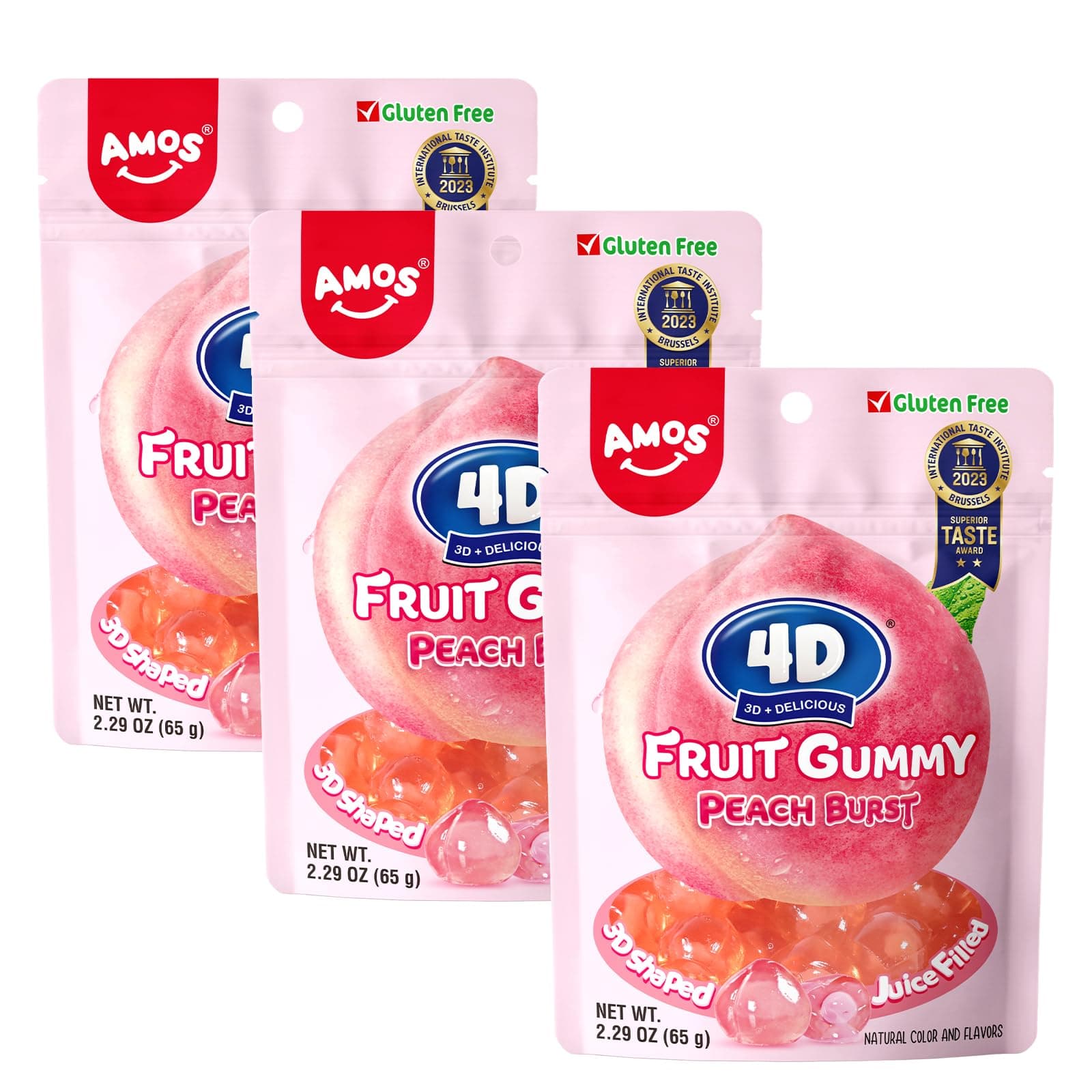 Amos 4D Gummy Sweets Fruit Gummy Peach Burst, Jelly-Filled Peach Candy, Natural Flavor - Resealable 2.29oz Bag (Pack of 3)