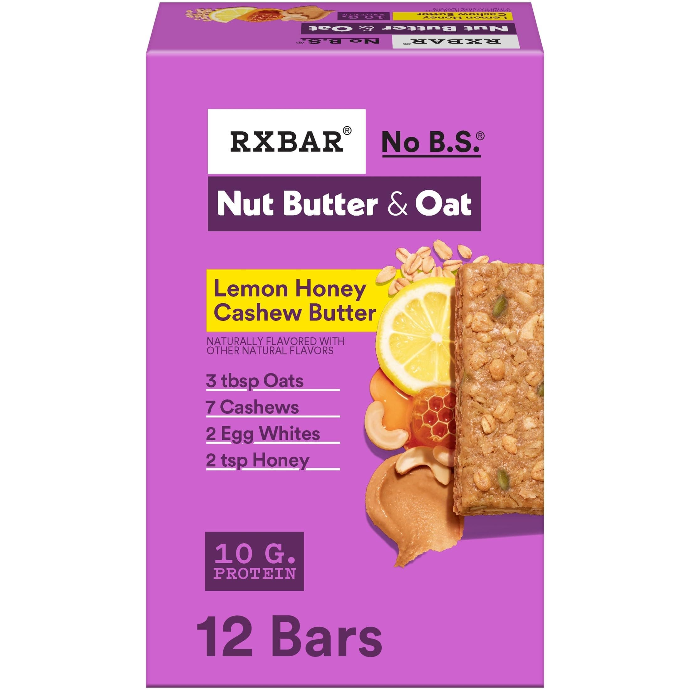Nut Butter and Oat Protein Bars, Protein Snacks, Snack Bars, Lemon Honey Cashew Butter, 23.2oz Box (12 Bars)
