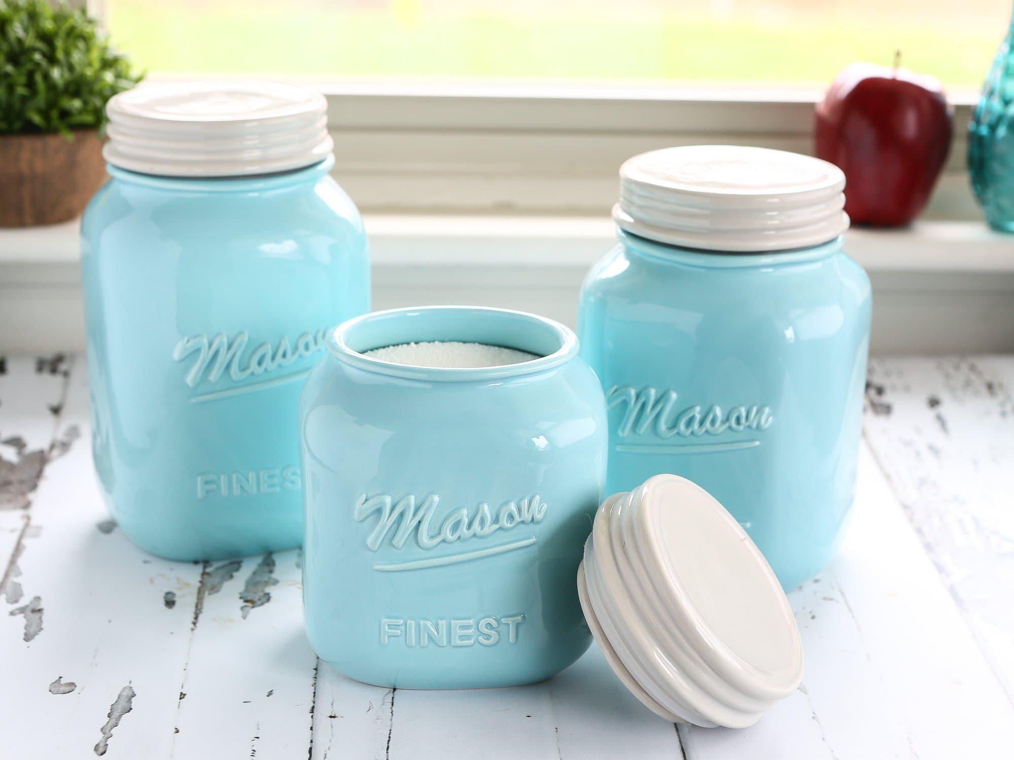 Mason Jar Kitchen Canister Set - Set of 3 Kitchen Canisters - Large, Round Ceramic Sets for Vintage, Rustic, or Farmhouse Look - Storage for Flour, Sugar, Tea, Coffee and More (Blue)