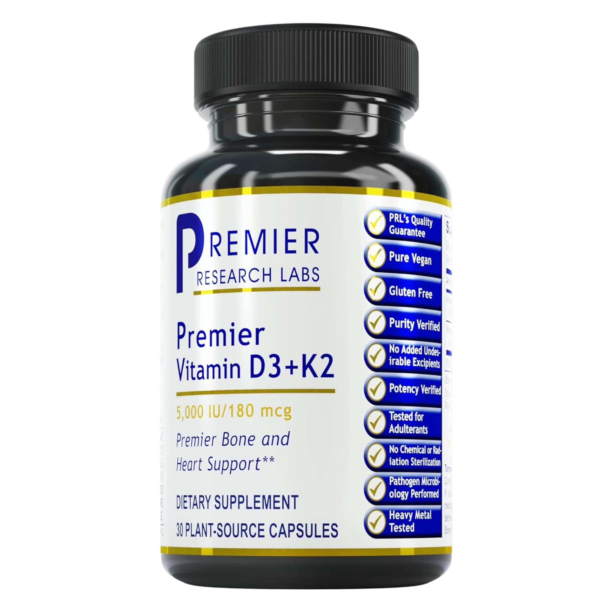 Premier Research LabsVitamin D3 + K2 Supplements | for Bone Support and Promotes Heart Health, Gluten-Free - 5000 IU Vegan Supplements - Tested Quality | 30 Plant-Source Based Capsules