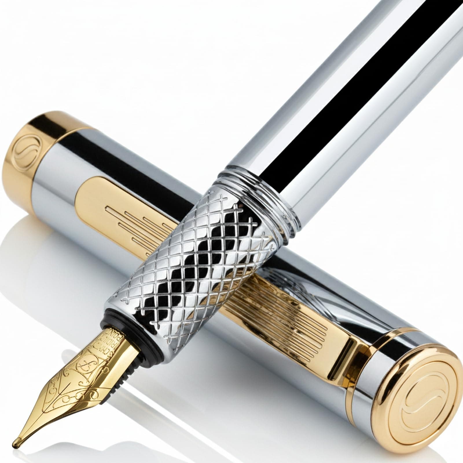 Scriveiner Silver Chrome Fountain Pen (Fine), Award Winning, Heavy Pocket Stunning Luxury Pen, Real Gold Plating and Genuine Schmidt Nib, Includes Converter, Fancy EDC Writing Gift Set for Men & Women