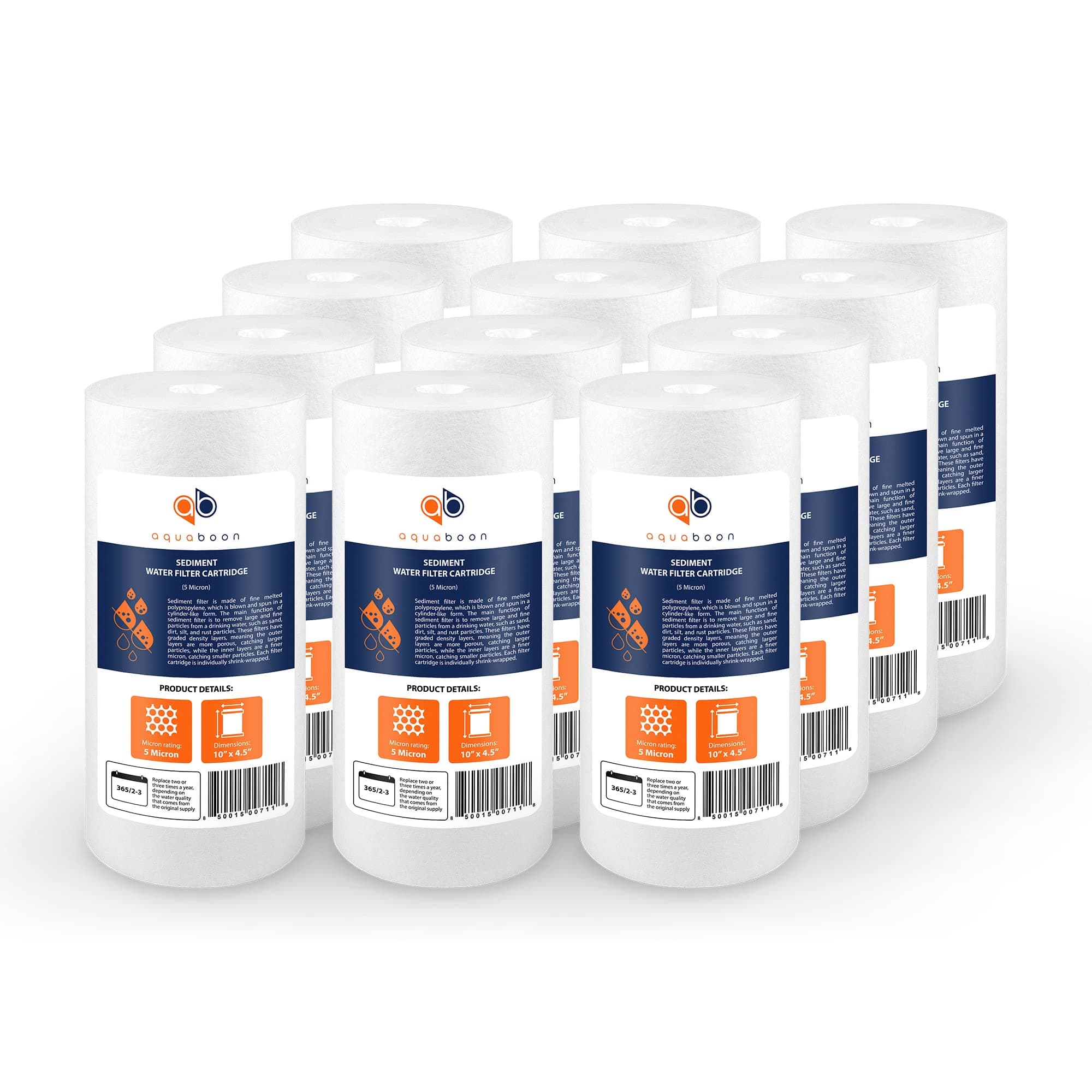 Aquaboon 5 Micron 10 x 4.5 Well Water Sediment Filter Replacement Whole House Water Filter Cartridge Compatible with DGD-5005, WFHD13001B, 12-Pack