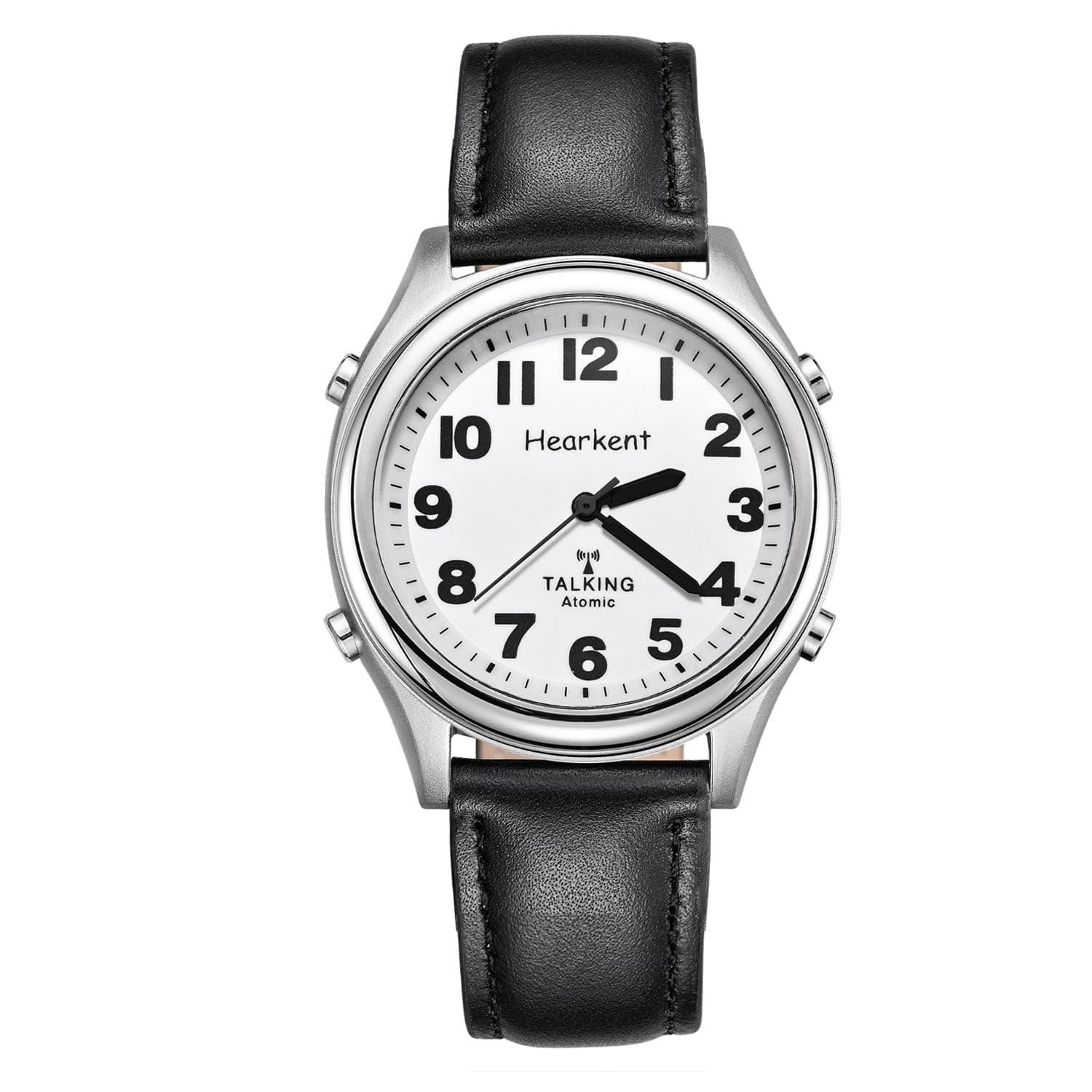 Atomic Talking Watch,Talking Watch for Visually impaired,Quartz Wrist Watch with Stainless Steel Expanding and Leather Strap,Gift for Elderly or Blind People (Silver case Leather Strap)