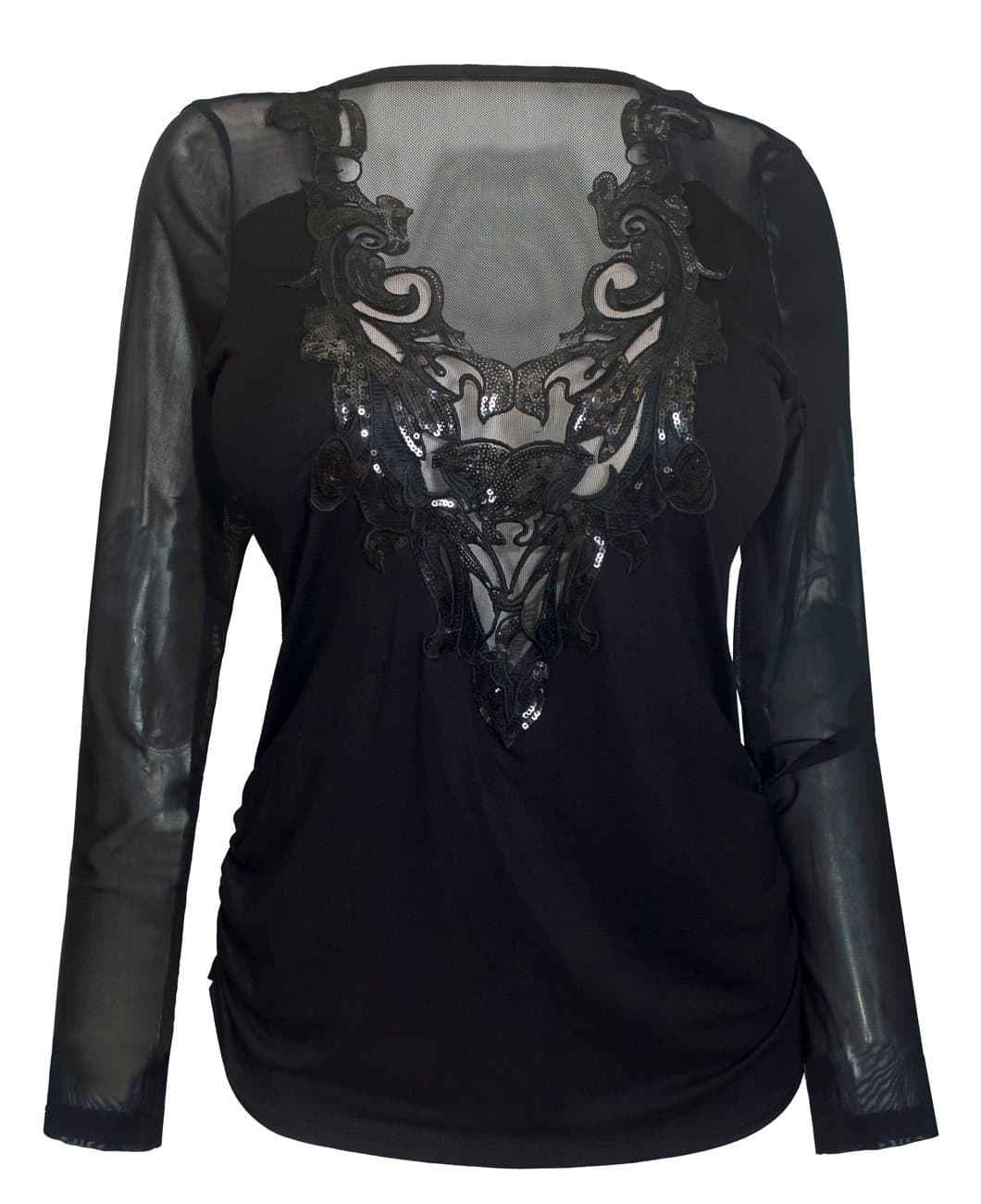 eVogues Plus Size Mesh Yoke Sequin Detail Long Sleeve Top Black