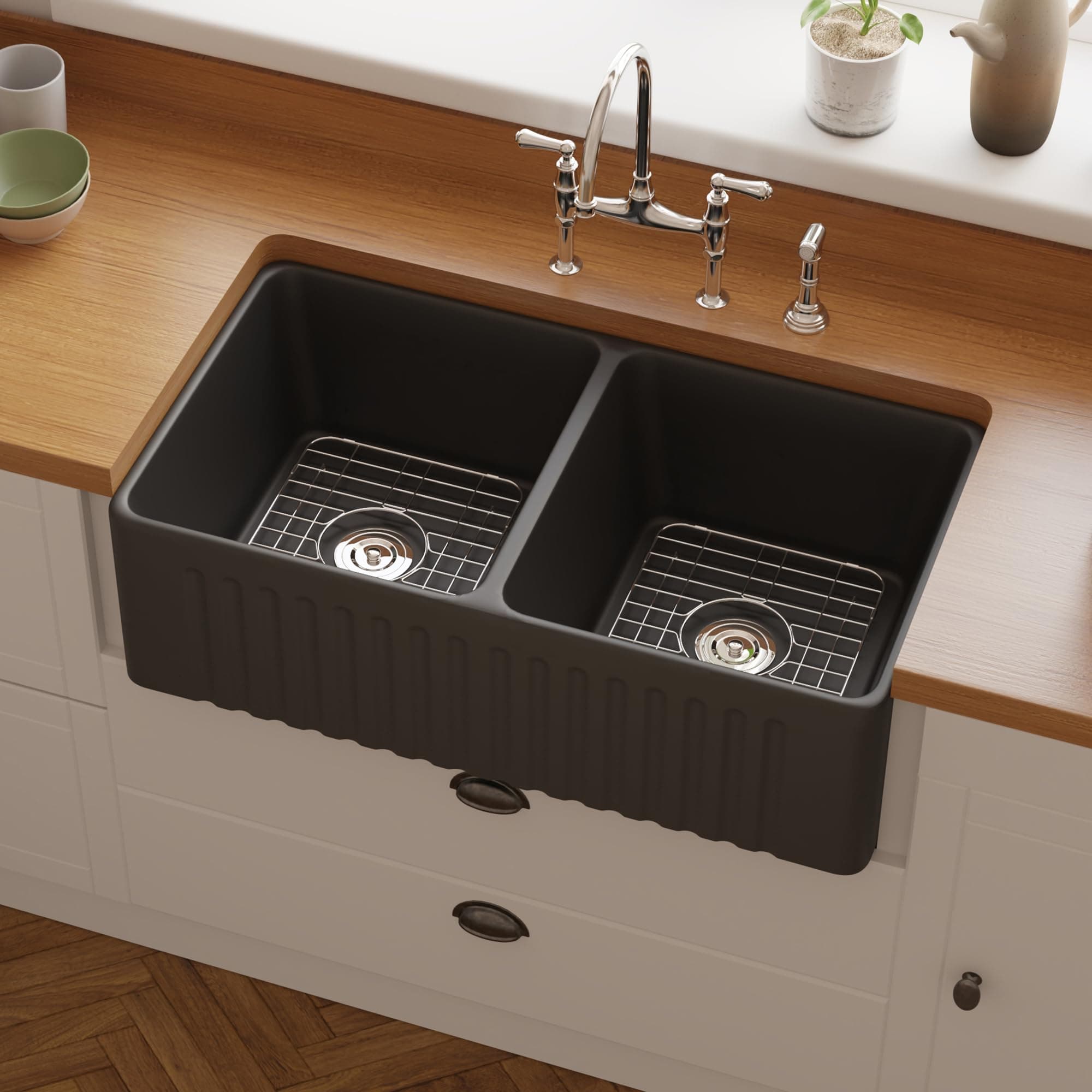 Double Bowl Kitchen Sinks, DeerValley 33" L x 18" W Farmhouse Kitchen Sink, Reversible Black Ceramic Farmhouse Double Sink with Apron Front Porcelain Drop in Kitchen Sinks