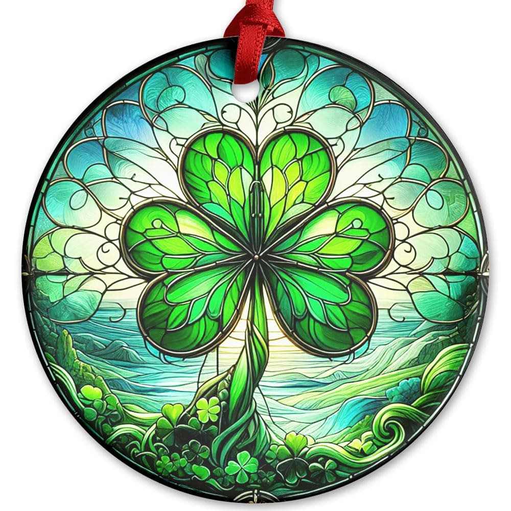 Irish Celtic Shamrock Ceramic Ornament for St Patrick's Day, Lucky Shamrock Hanging Ornament with Irish Pride Blessing for Family Friends