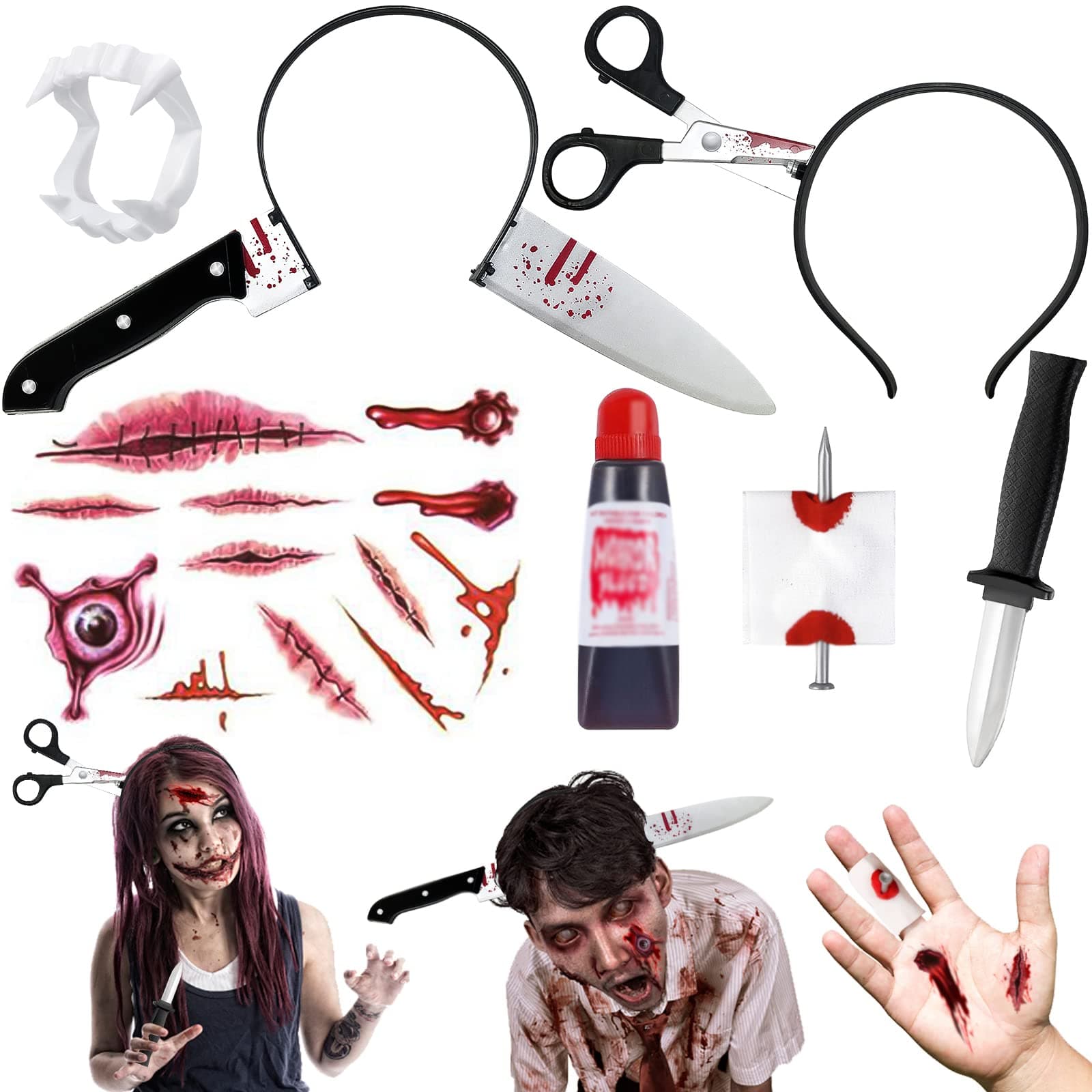 18Pcs Halloween Headband Set, Scary Costumes Props Knife Through Head Fake Vampire Teeth Bloody Nail Bleeding Wound Tattoo Stickers for Halloween Zombie Hair Accessories Photo Props Cosplay Party