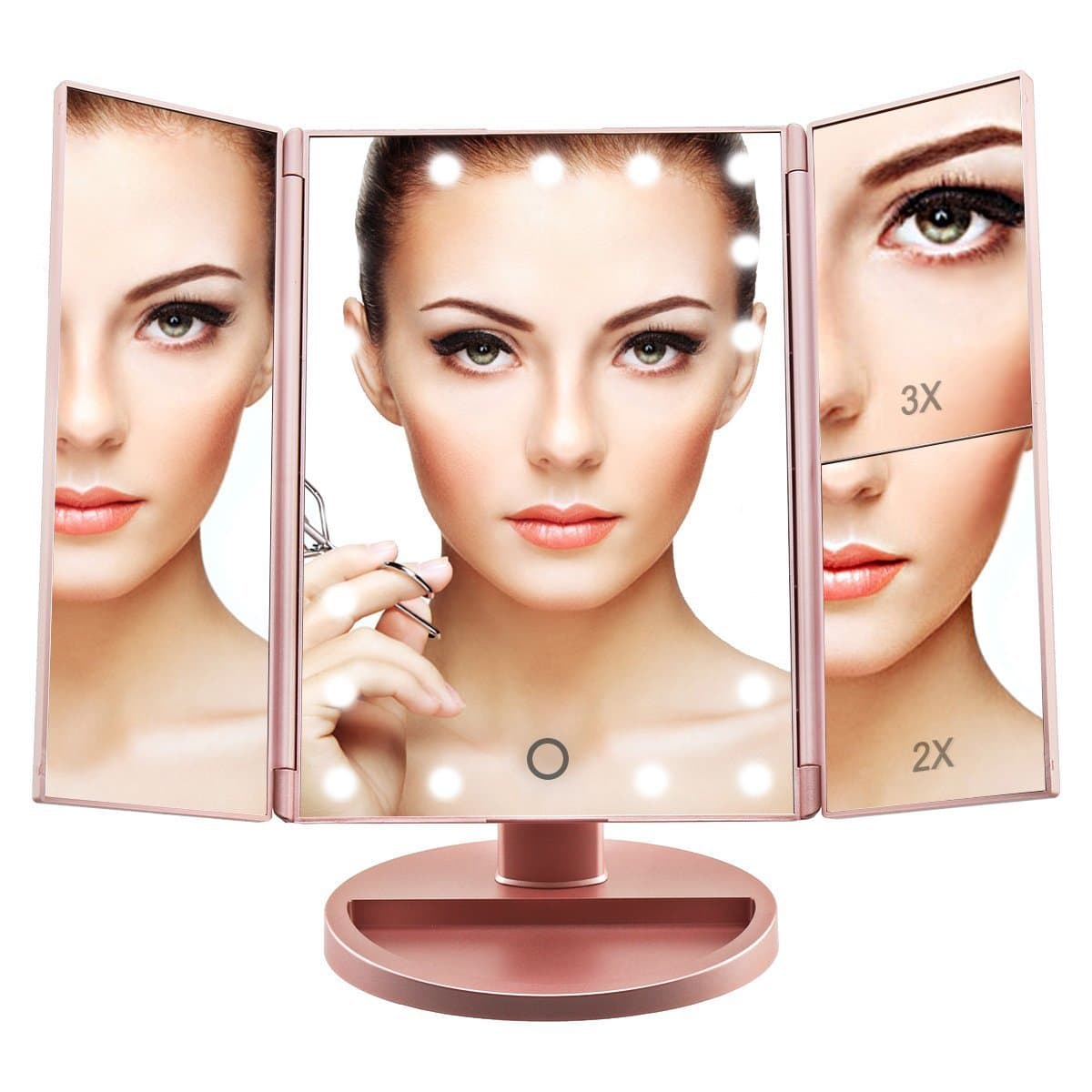 Artifi Lighted Makeup Mirror with 21 LED Lights, Touch Screen Lighted Vanity Mirror with 3X/2X/1X Magnification, 2 Power Supply Mode Makeup Mirror (Rose Gold)