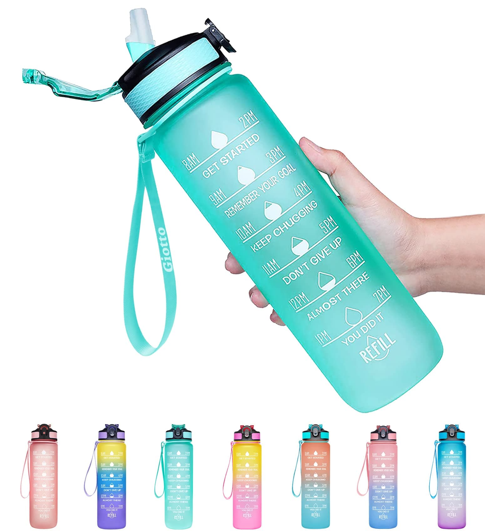 Giotto 32oz Large Leakproof BPA Free Drinking Water Bottle with Time Marker and Straw to Ensure You Drink Enough Water Throughout The Day for Fitness and Outdoor Enthusiasts