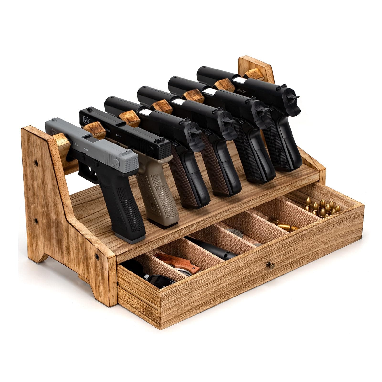 Pistol Rack Gun Safe, Real Wood Handgun Rack Holder for Gun Cabinet Accessories, Rustic Style Gun Rack Organizer for Nightstand, Gifts for Men