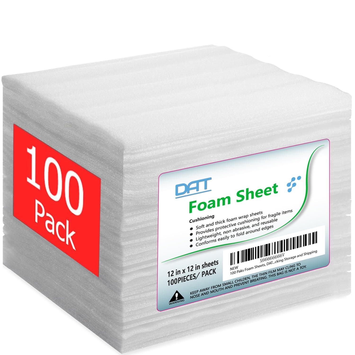 DAT 100 Pack Foam Sheets, 12" x 12", 1/16" Thickness, Foam Wrap Cushioning Material, Moving Supplies for Packing Storage and Shipping