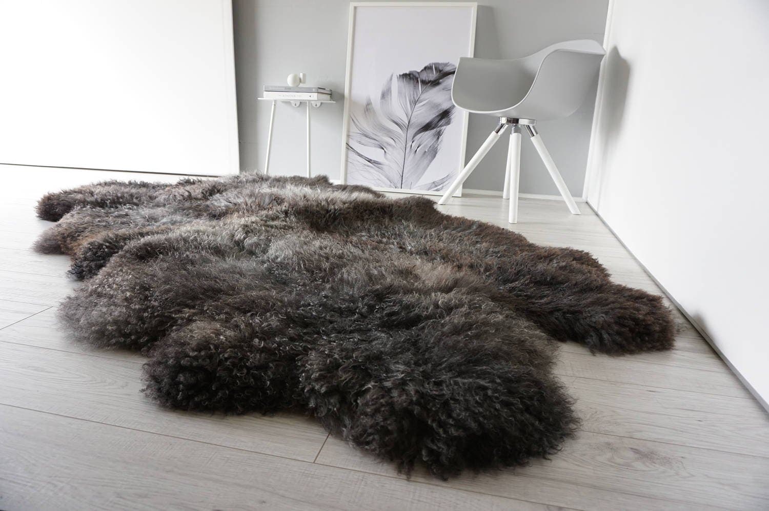 MILABERT Wonderful Genuine - Rare Breed Scandinavian Pelssau - Quad Sheepskin Rug - Soft Silky Wool - Grey/Blacky Brown/Latte Mix - QS 5