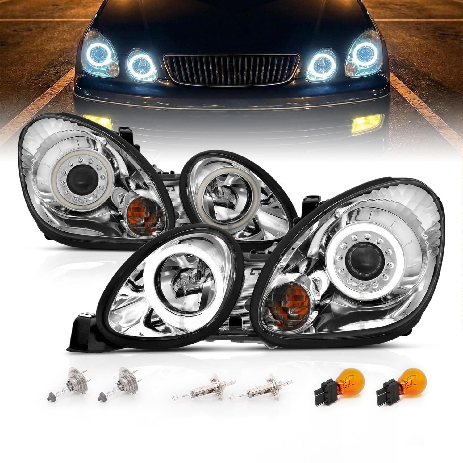 AmeriLite Chrome Projector Headlights Ultra Bright LED Halo For 1998-2005 Lexus GS 300/400 Halogen Version- Passenger and Driver Side