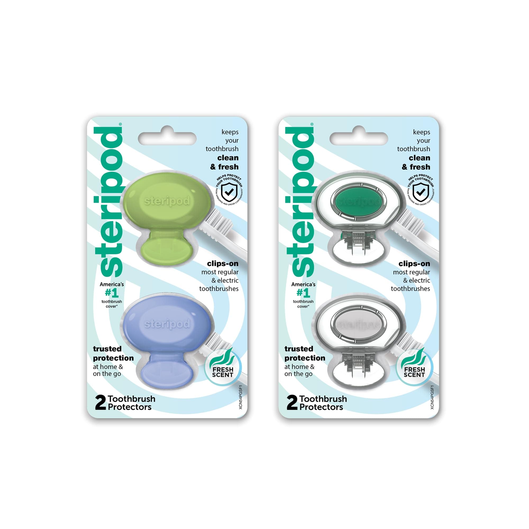 Steripod Clip-On Toothbrush Protector, Keeps Toothbrush Fresh and Clean, Fits Most Manual and Electric Toothbrushes, Blue, Green, Clear, 4 Count