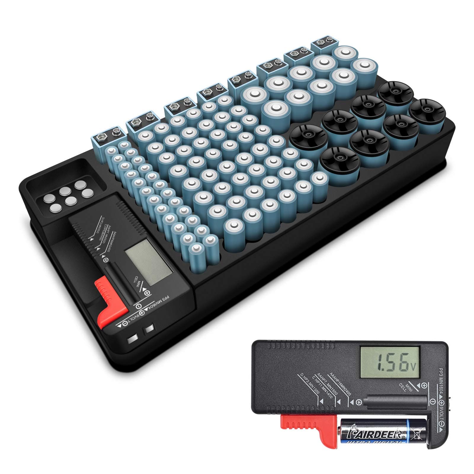 Kwasyo Battery Storage Organizer Case, Batteries Storage Box Holder with Removable Battery Tester-Holds 110 Different Size Batteries for AAA, AA, 9V, Flat Batteries, C & D Size(Not Included Batteries)