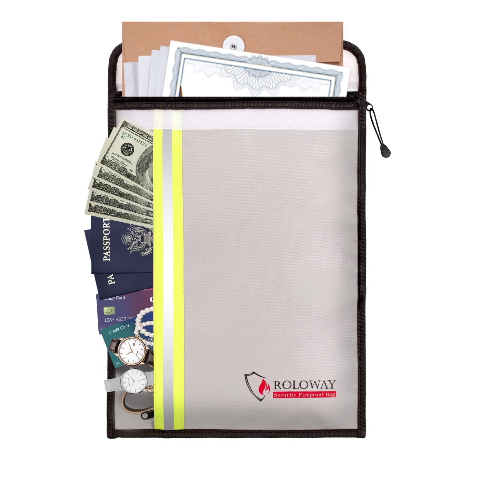 Fireproof Document Bag with 2 Pockets and Reflective Strip, Fireproof Bag for Document Safe, Fireproof Money Bag