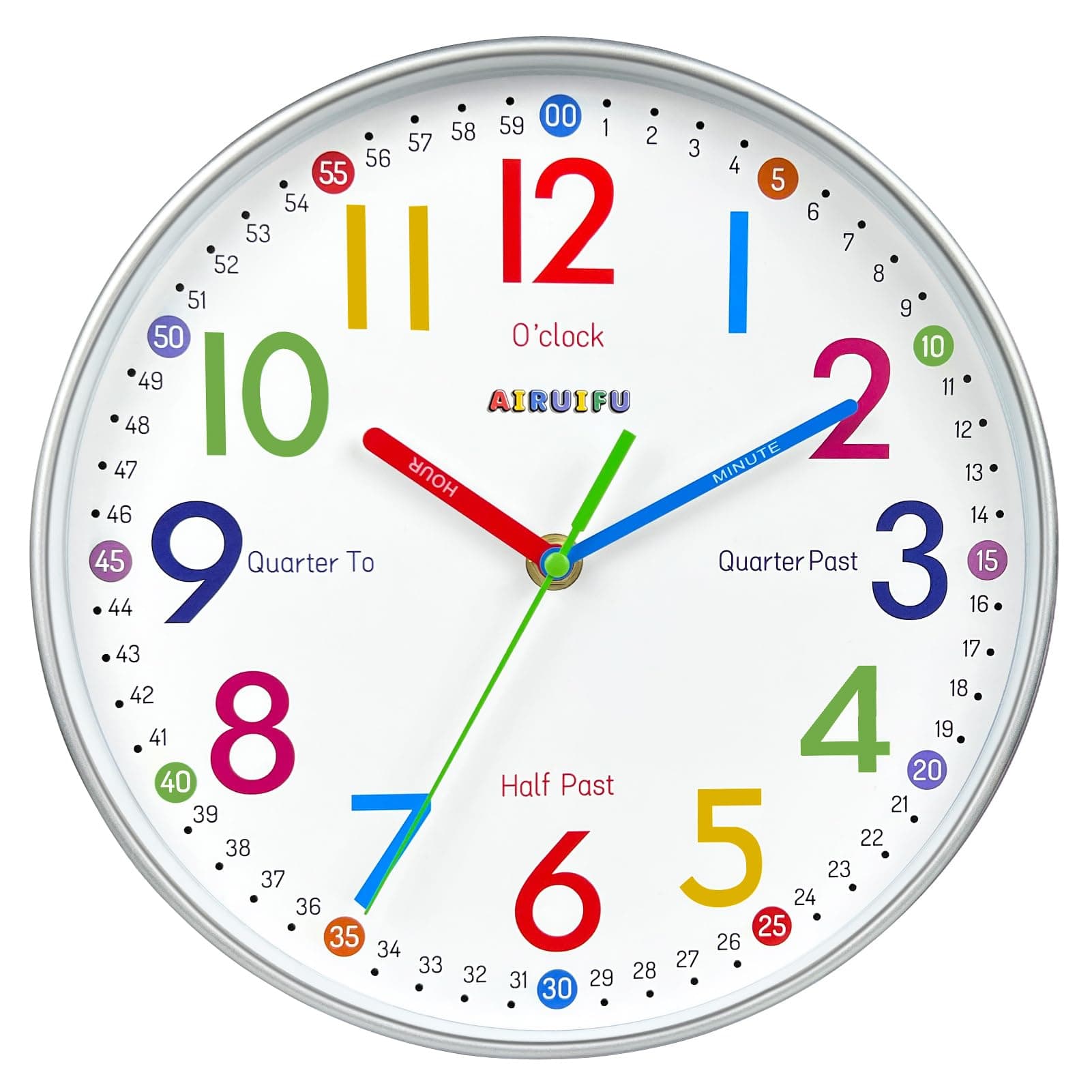 Telling Time Teaching Clock - Learning Clock for Kids - Kids Wall Clocks for Bedrooms - Kids Wall Clock- Silent Analog Kids Clock for Teaching Time ,for School Classrooms Playrooms and Kids Bedrooms