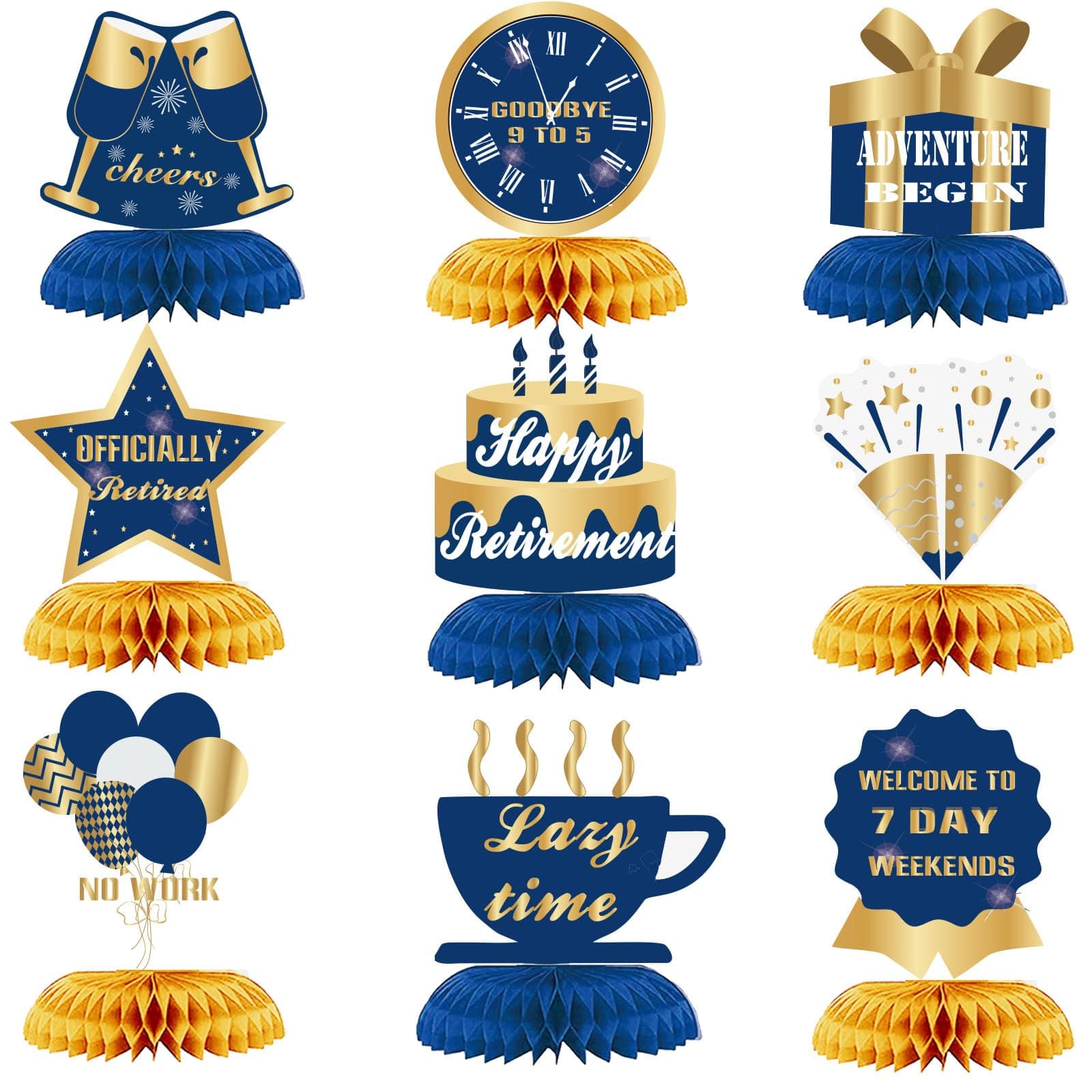 9Pcs Happy Retirement Decorations Table Honeycomb Centerpieces Party Supplies Blue Gold Retirement Adventure Awaits Sign for Men Retired Decor Goodbye Retirement Signs