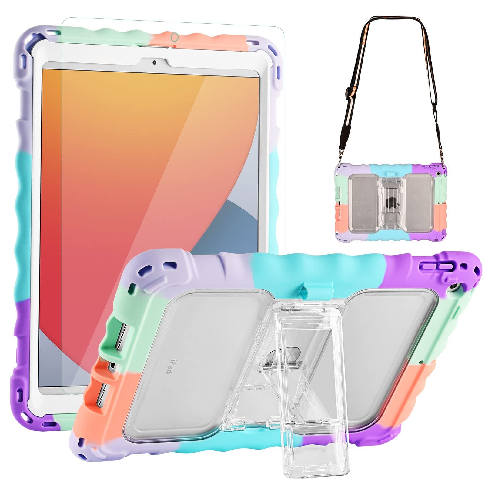 TopEsctiPad 9th/8th/7th Generation Case, iPad 10.2 Case for Kids with Portable Shoulder Strap, PET Screen Protector & Shockproof Silicone, Purple and Turquoise