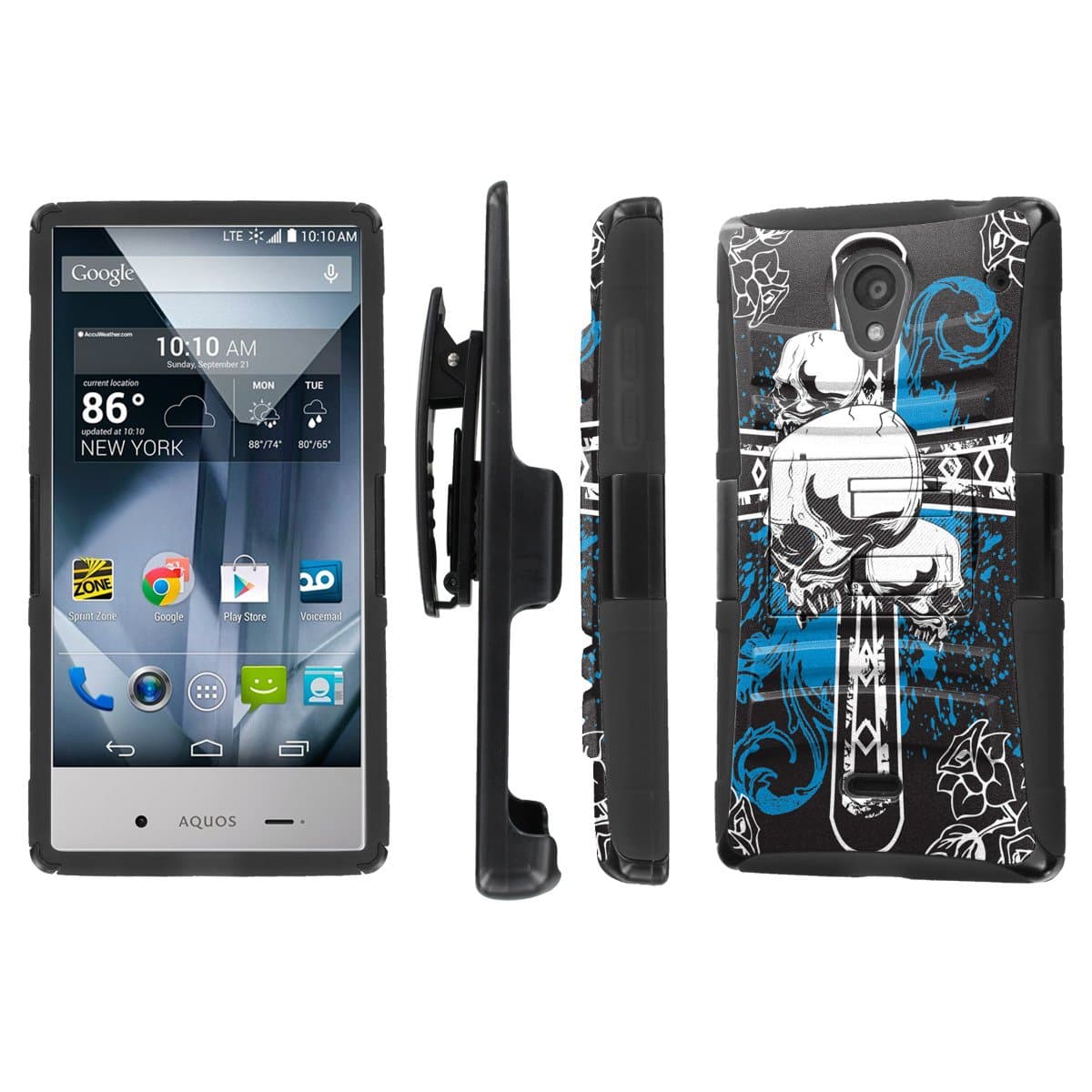 NakedShield Sharp AQUOS Crystal (Blue Cross Skull) Combat Tough Holster KickStand Armor Phone Case