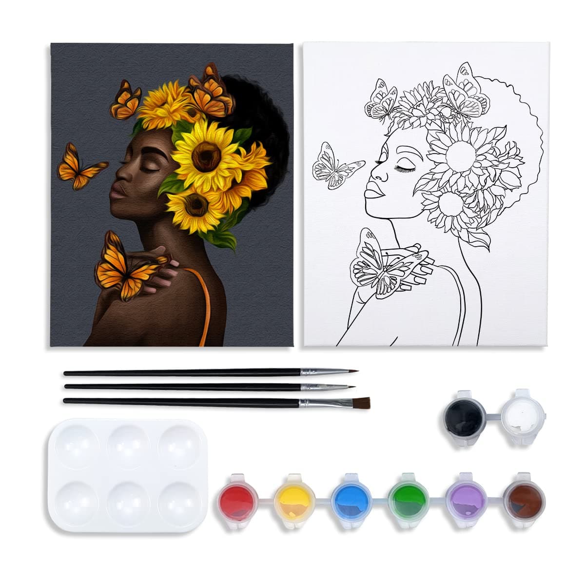 Canvas Paint Party Kits Pre Drawn Outline Canvas for Paint and Sip,Sunflower Lady Paint 8x10 Canvas to Paint Afro Queen 8 Acrylic Colors,3 Brush,1 Pallet Art Set Girl Paint