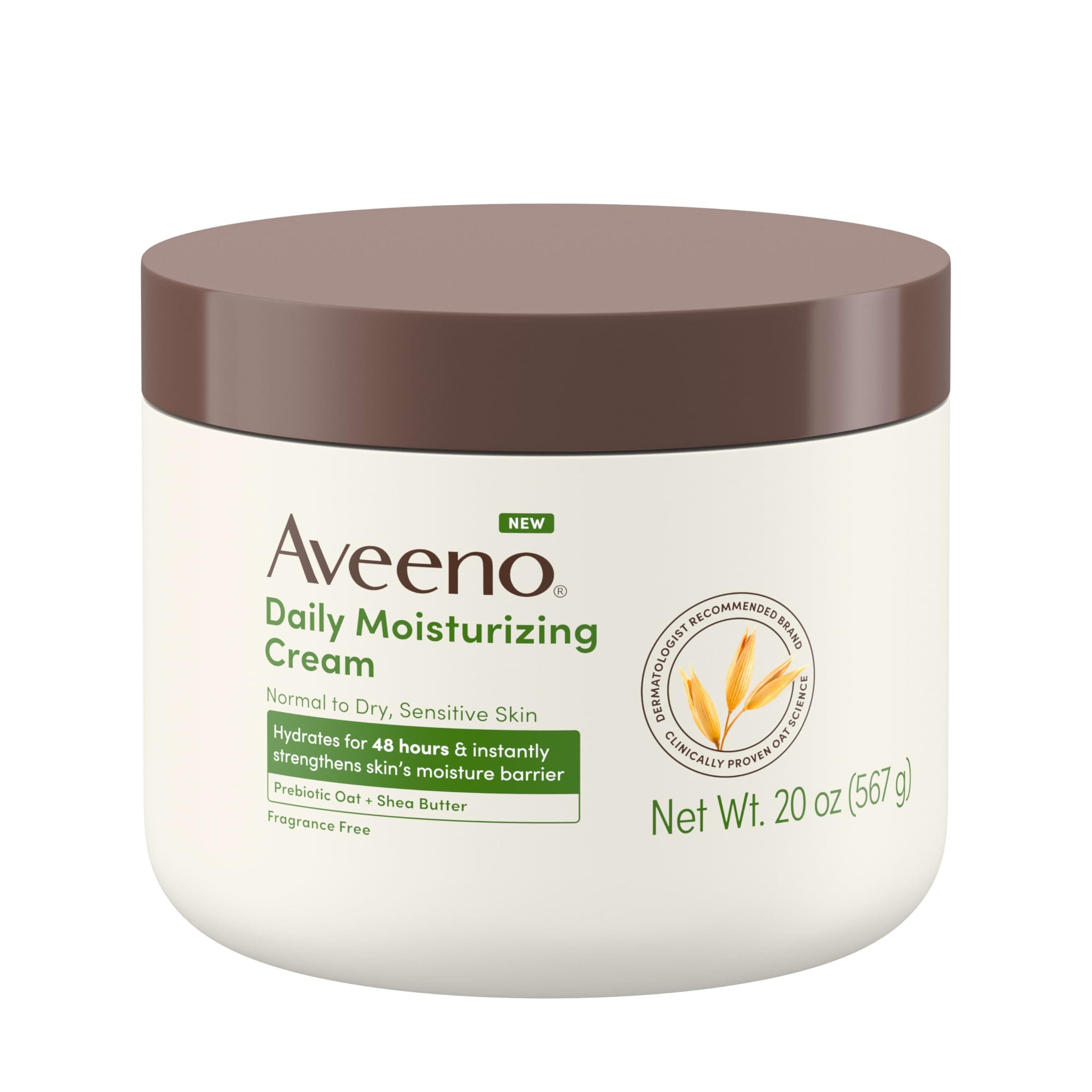 Aveeno Daily Moisturizing Cream with Prebiotic Oat & Shea Butter for Body, Face & Hands Moisturizer Cream, Hydrates Normal to Dry, Sensitive Skin for 48 Hours, Fragrance Free, Non-Comedogenic, 20 oz