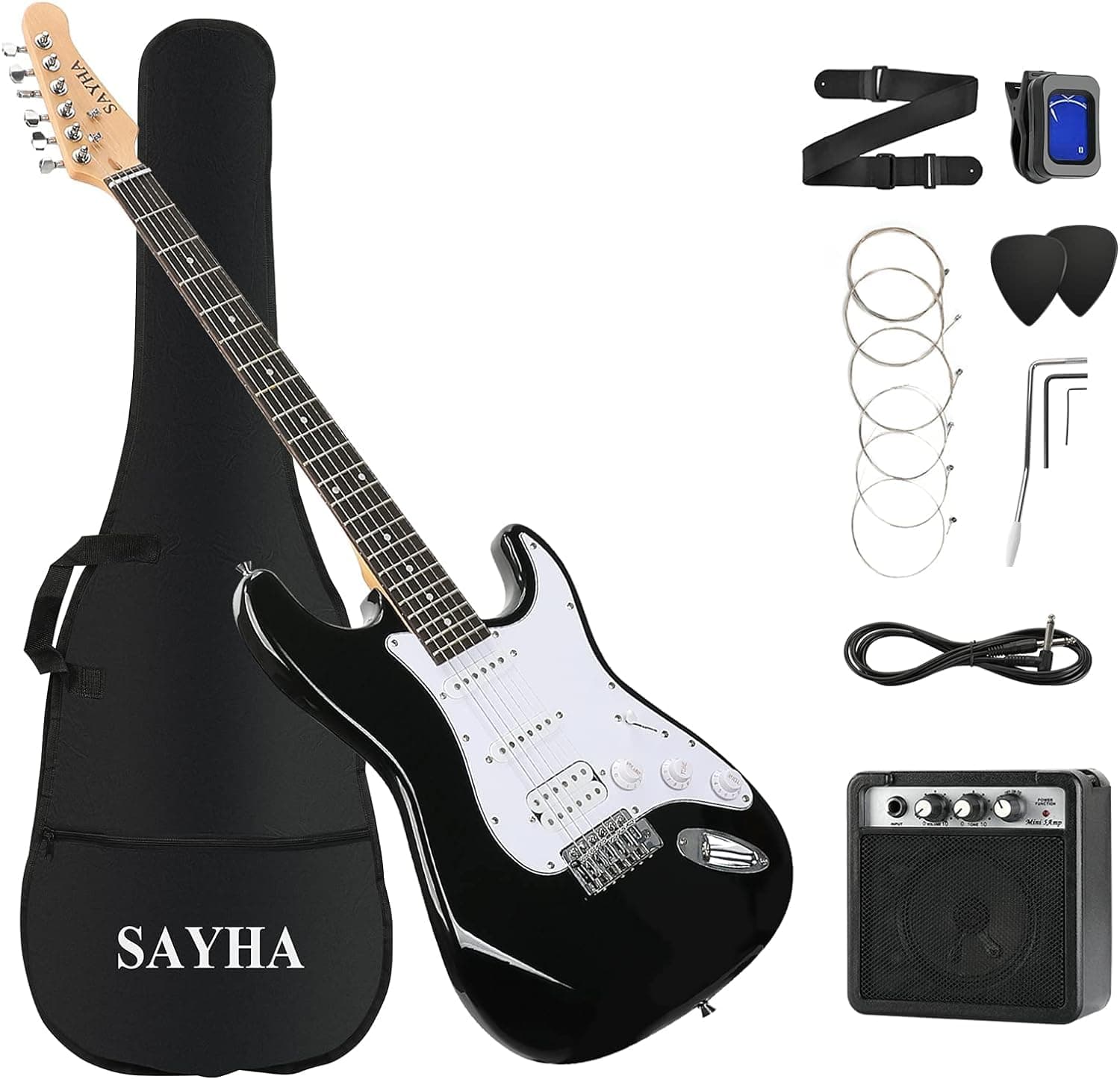 SAYHA Electric Guitar, 39 Inch Full Size Electric Guitar, HSS Starter Kit Includes Amplifier, Bag, Digital Tuner, Strap, String, Cable, Picks (Black)
