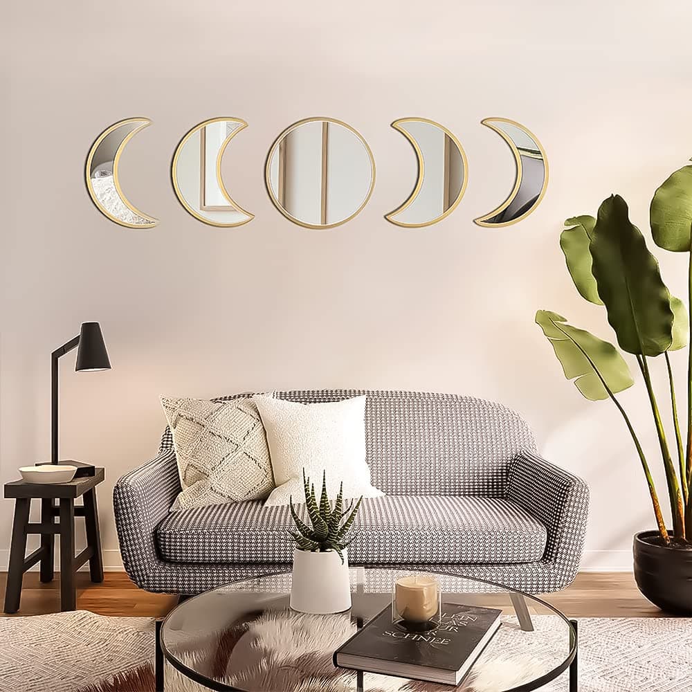 5 Piece Moon Phase Mirror Set, Scandinavian Natural Decor Wall Decorative Mirror Home Decor Bohemian Moon Mirror for Living Room Bedroom, Acrylic Mirror, Not Real Mirror(Gold)