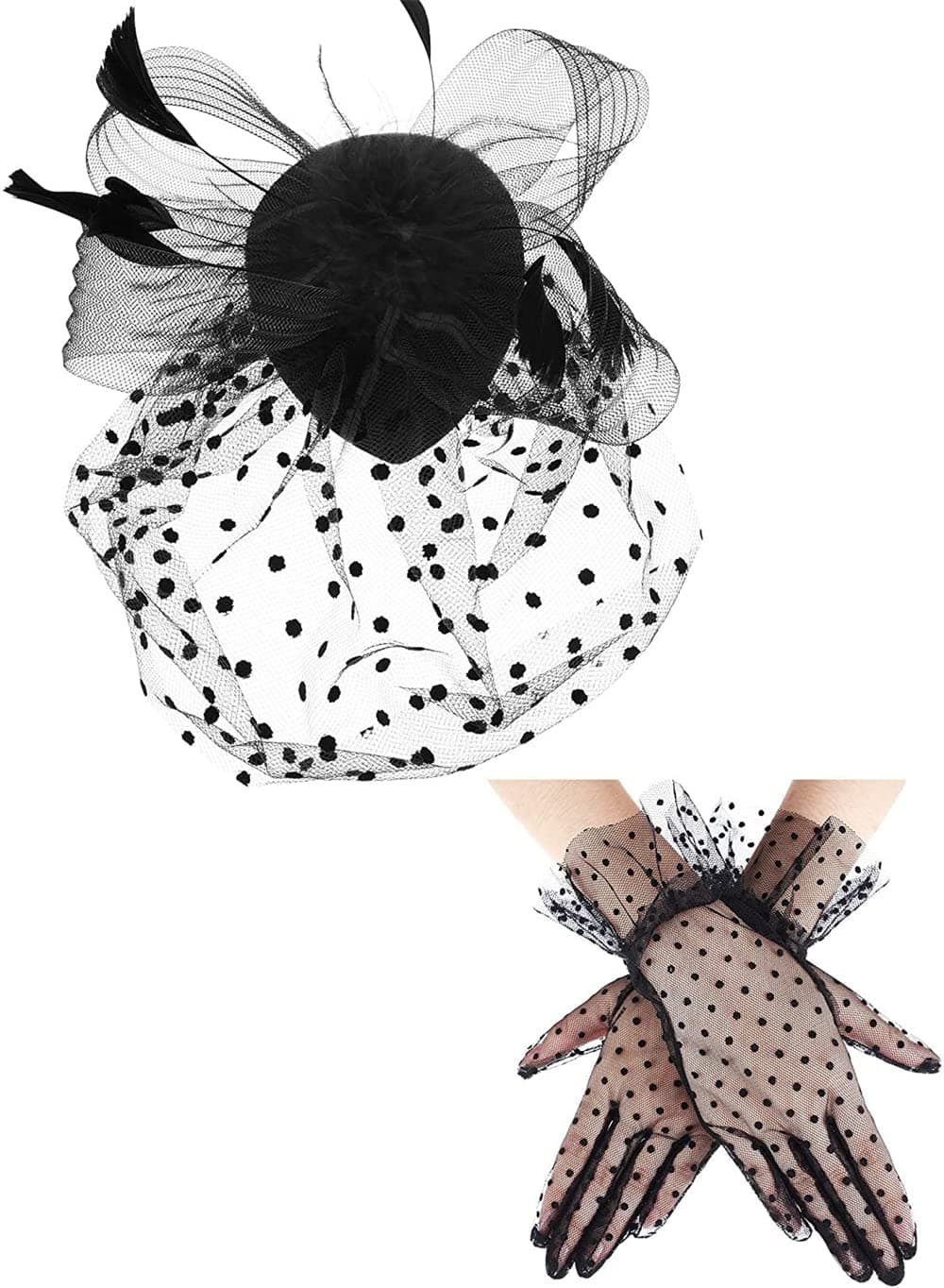1950s Vintage Fascinator Hat, Faux Feather Mesh Net Hat Tea Party Headwear with Veil and Women Short Lace Gloves, Costume Accessories for Girls and Women Wedding (Black)