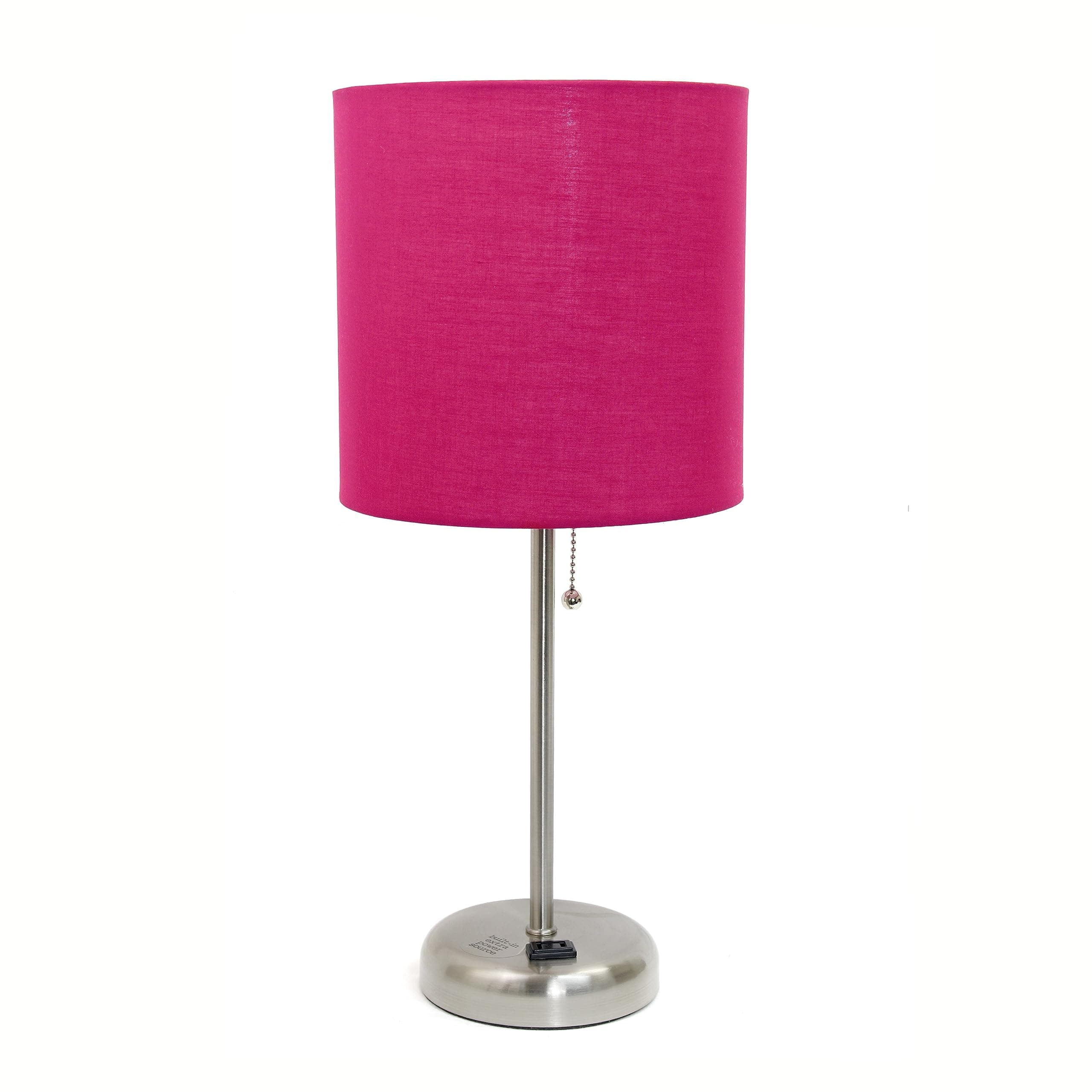 Simple Designs LT2024-PNK Brushed Steel Stick Table Desk Lamp with Charging Outlet and Drum Fabric Shade, Pink