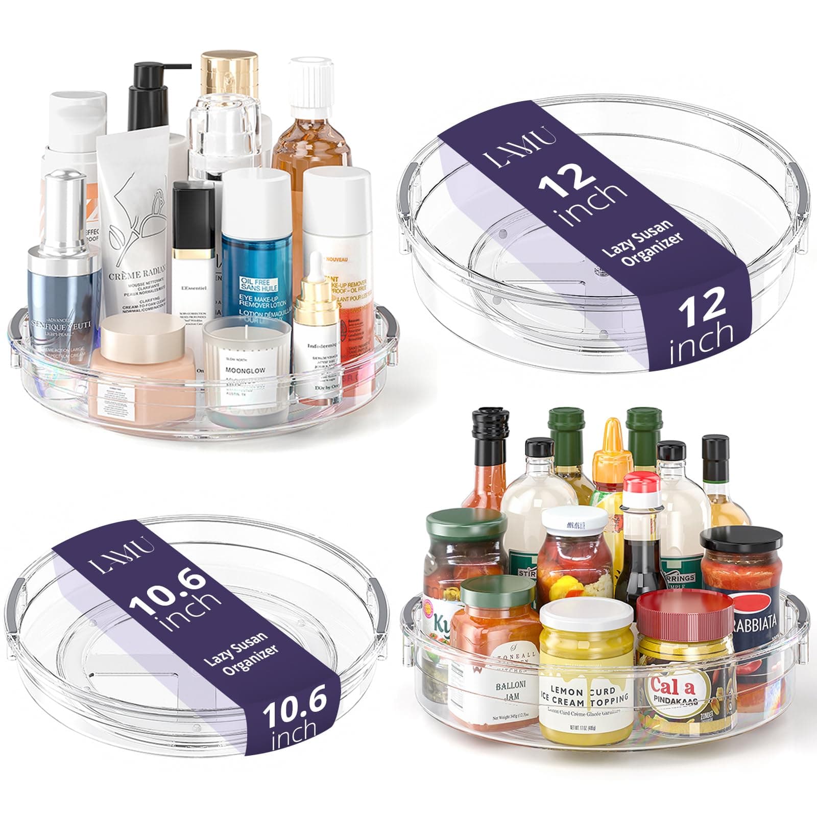 LAMU 4 Pack Lazy Susan Organizer, Clear Lazy Susan Turntable for Cabinet, Refrigerator, Table Top, Kitchen, Bathroom, Pantry Organizers and Storage, 2 Sizes Included 12in, 10.6in