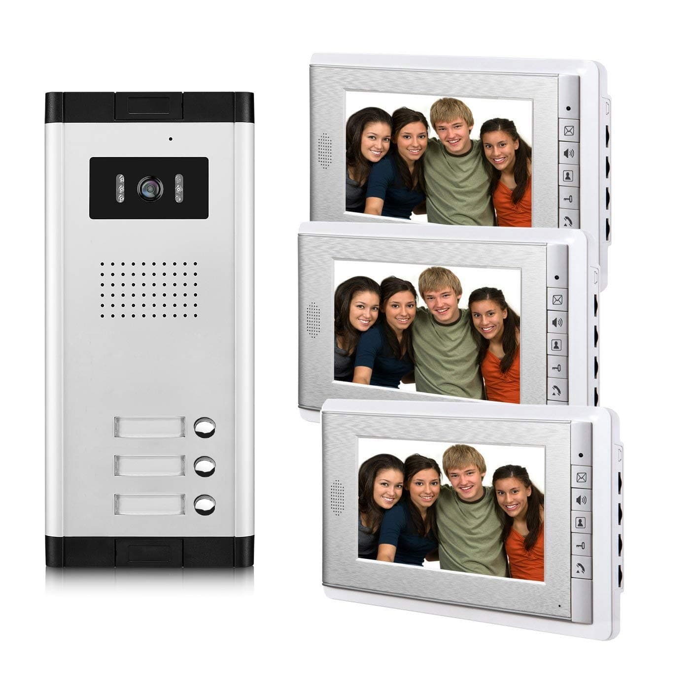 AMOCAM Video Door Phone Intercom System, Wired Doorbell Kits, 1 Night Vision Camera 3 Screen, 7inch LCD Monitor, Support 3 Units Apartment, Monitoring, Unlock, Dual Way Door Talking