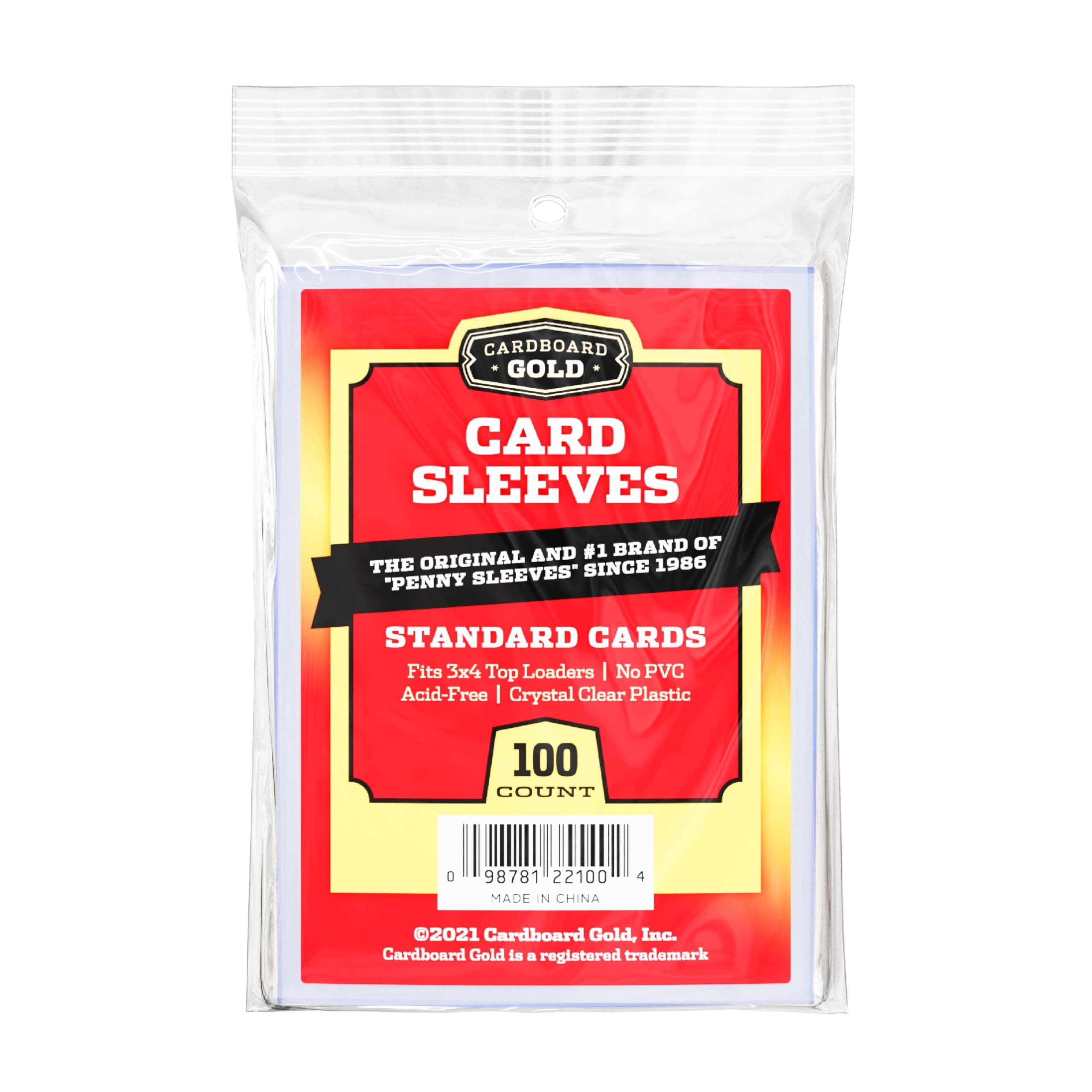 Cardboard Gold Penny Sleeves for Trading Cards - 100 Count Card Protector Sleeves with Durable, Crystal-Clear Plastic for Baseball, Sports, Collector, Standard-Sized Cards 2-5/8” x 3-5/8” (67x94mm)