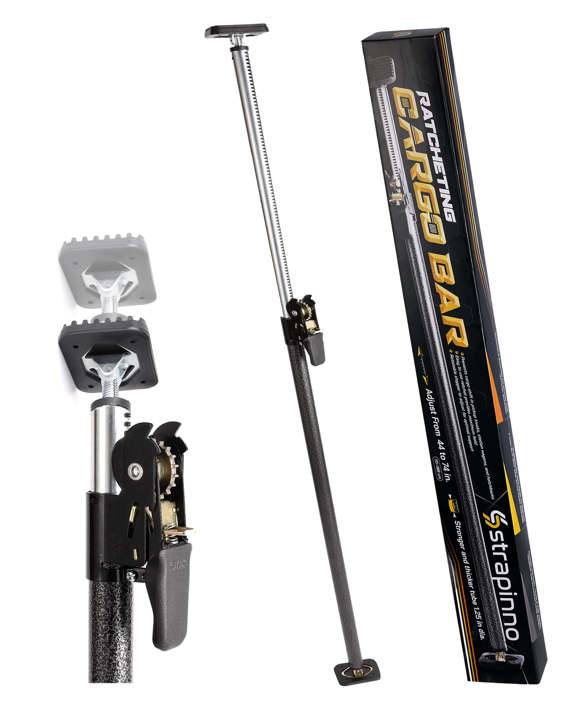 Strapinno - Ratcheting Cargo Bar 44"-74", Non-Slip Truck Bed Divider, Easy Setup, Strong 1.25" Tube, Adjustable Stabilizer for Pickup Trucks