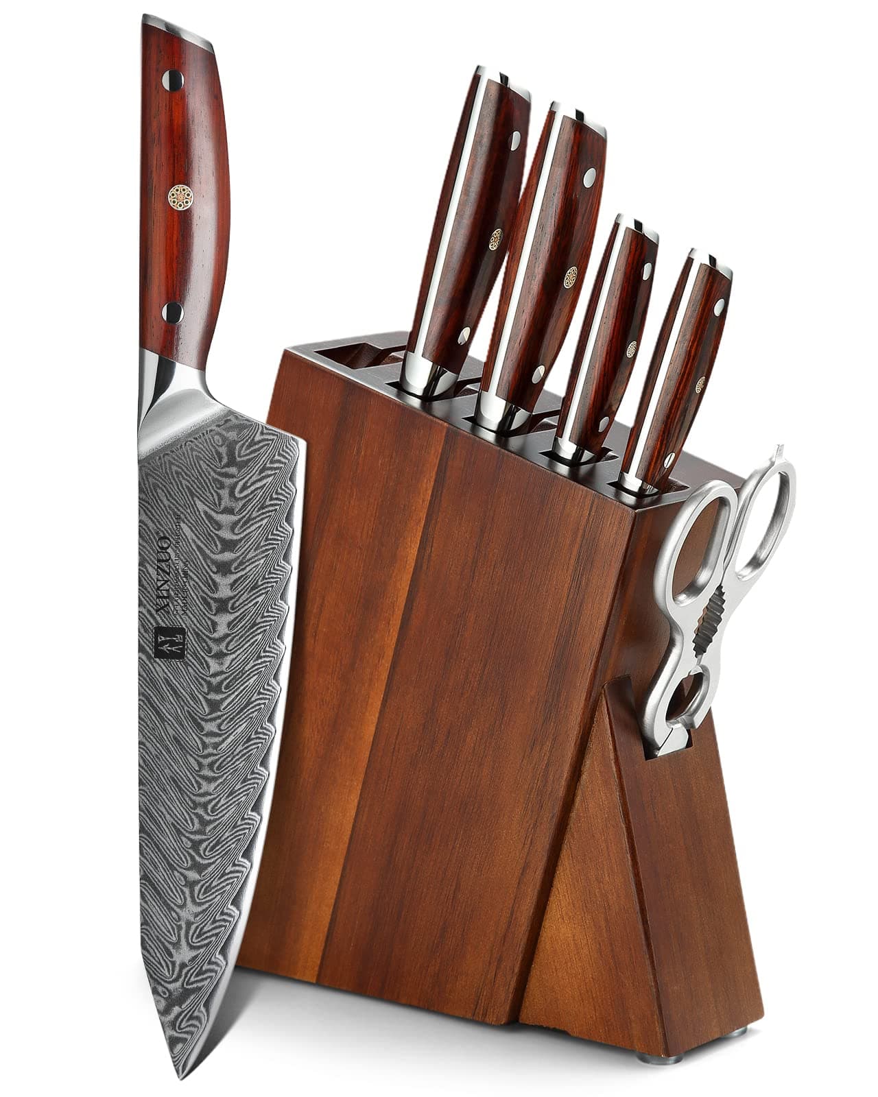 7PC Kitchen Knife Set with Block Wooden, Professional Damascus Steel Chef Knife Santoku Bread Utility Fruit Knife with Multifunctional Kitchen Shears,Ergonomic Rosewood Handle- Yi Series