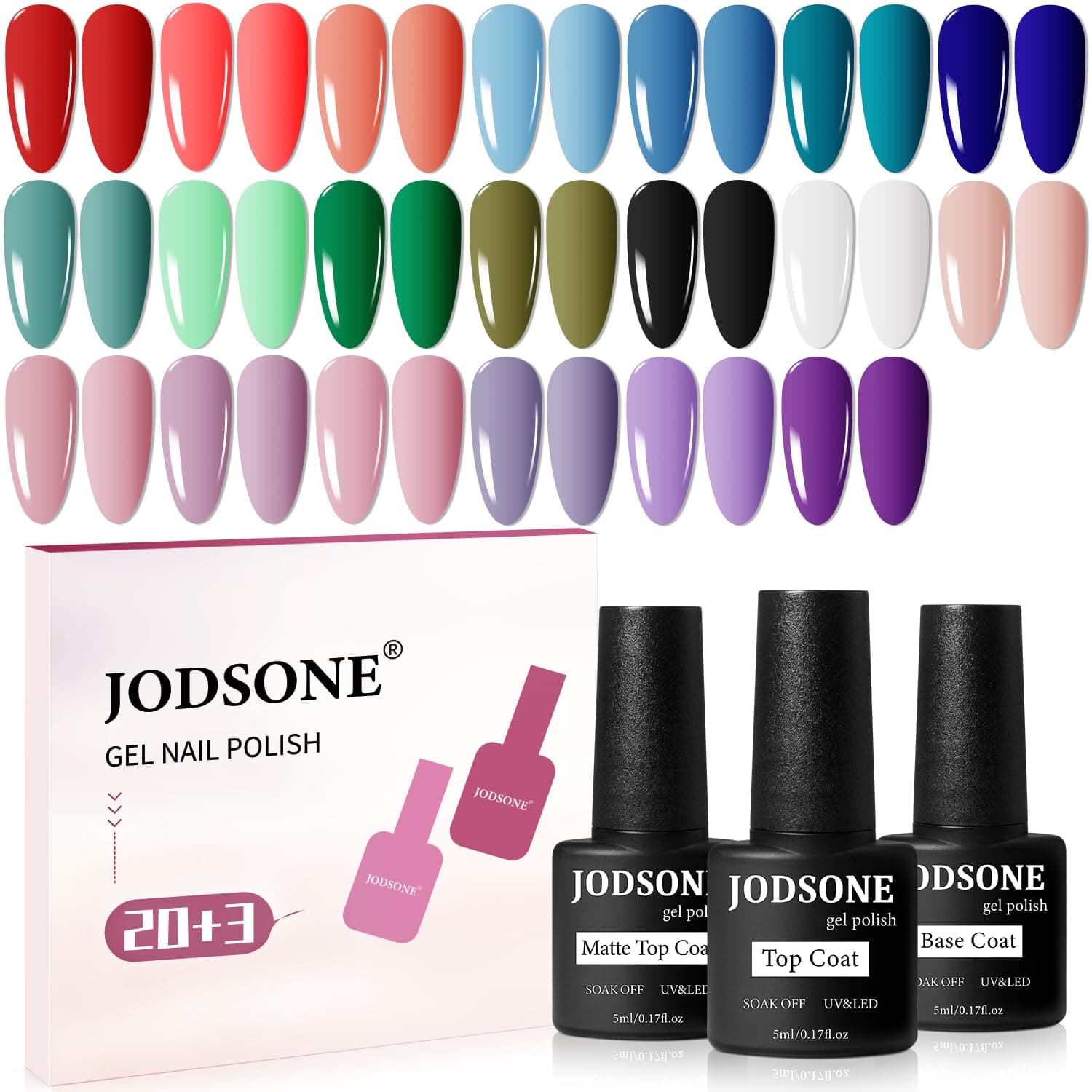 JODSONE 23 PCS Gel Nail Polish Set with Base Glossy and Matte Top Coat Multicolored Gel Nail Long Lasting Suitable for All Seasons