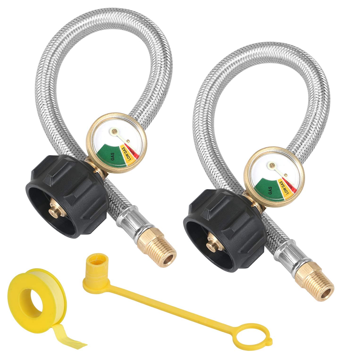 STYDDI 2 Packs RV Propane Hose with Tank Gauge, 12-Inch Stainless Braided RV Propane Gas Line with 1/4" Male NPT x Type 1 Connection for Motorhomes, Campers, Coaches, Caravans, Trailers