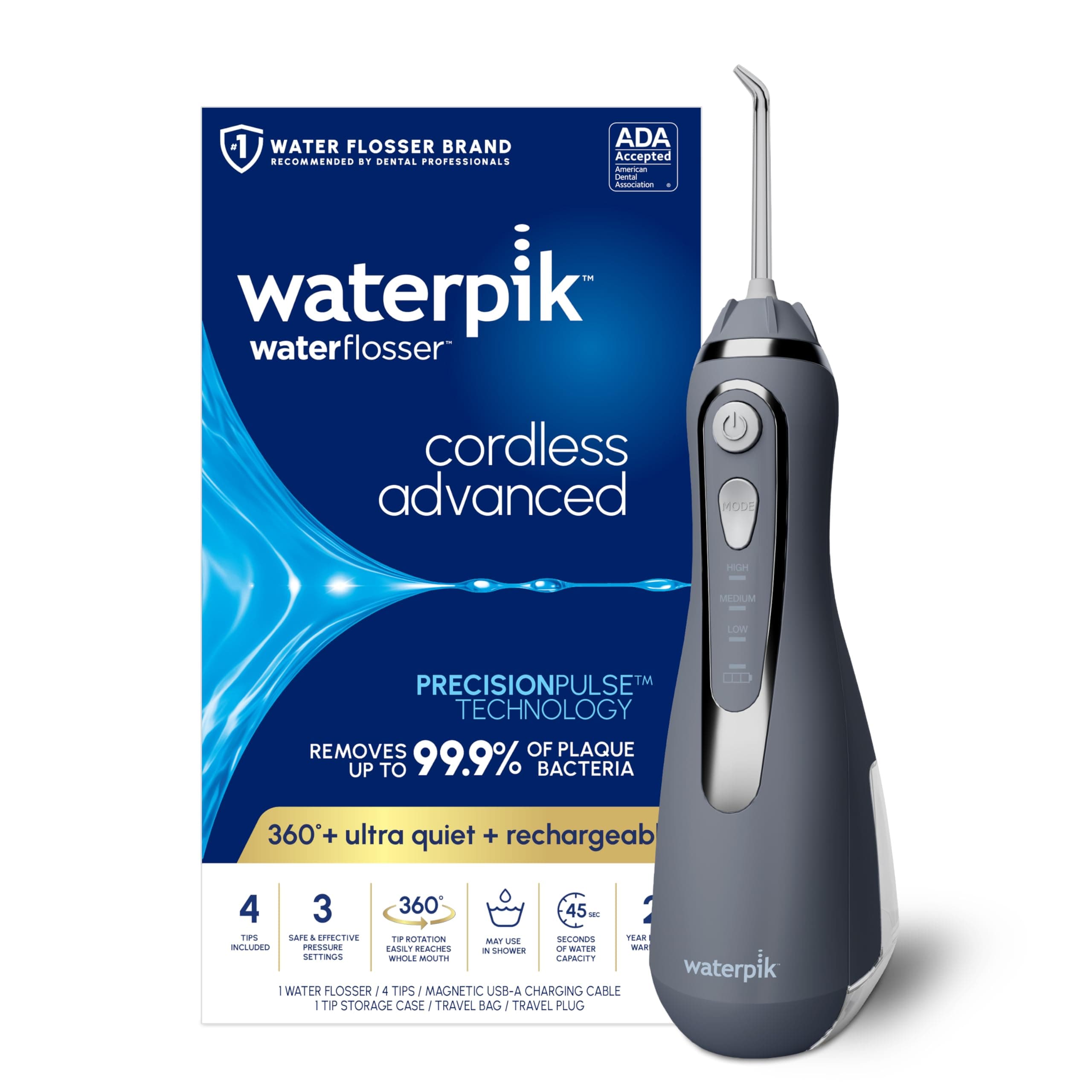Waterpik Cordless Advanced Water Flosser for Teeth, Gums, Braces, Dental Care with Travel Bag and 4 Tips, ADA Accepted, Rechargeable, Portable, and Waterproof, Gray WP-567