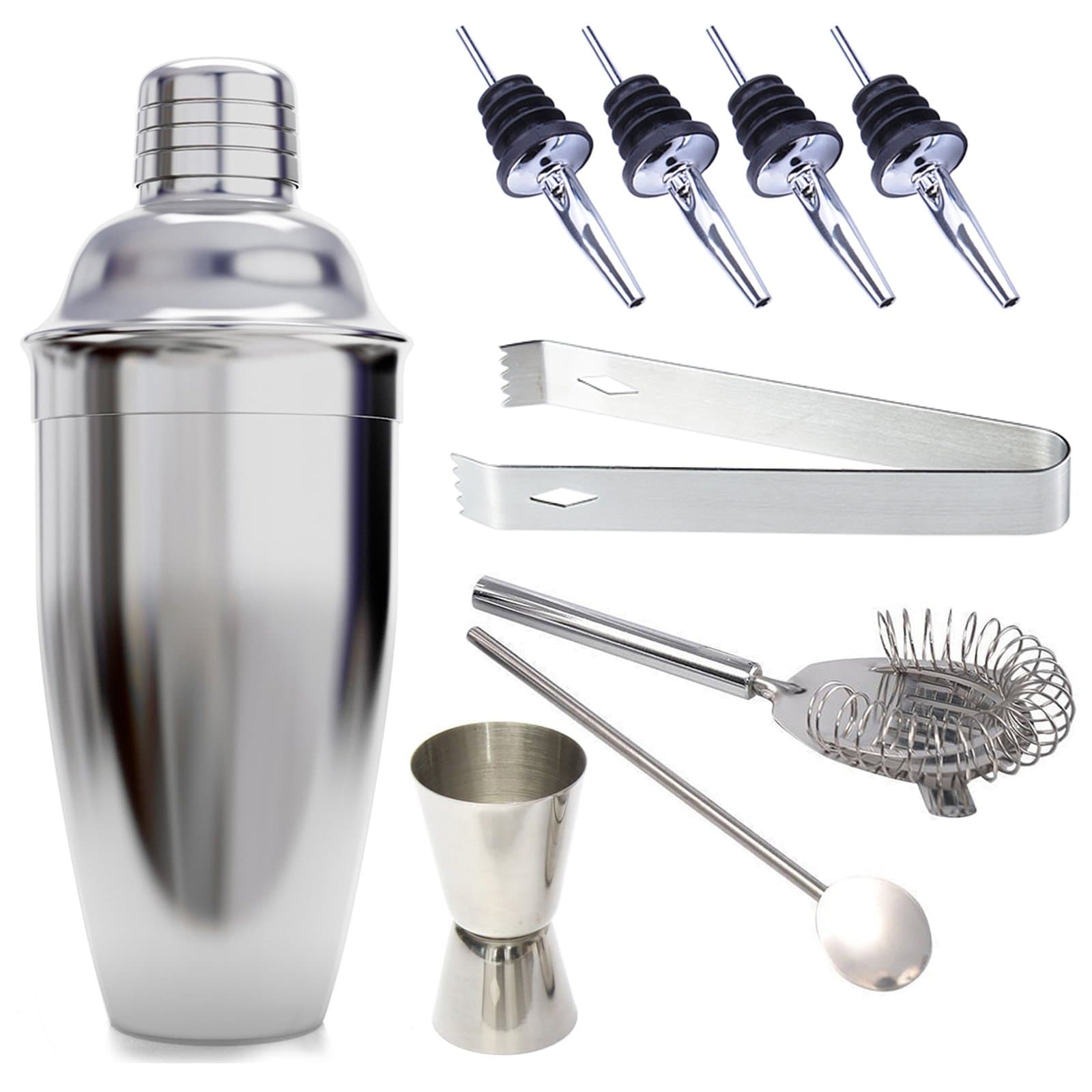 Bar Kit Cocktail Shaker Set 9 pieces Stainless Steel 24-Ounce Martini Shaker, Measure, Tongs, Strainer, Spoon, Bottle Pourer Barware Tools