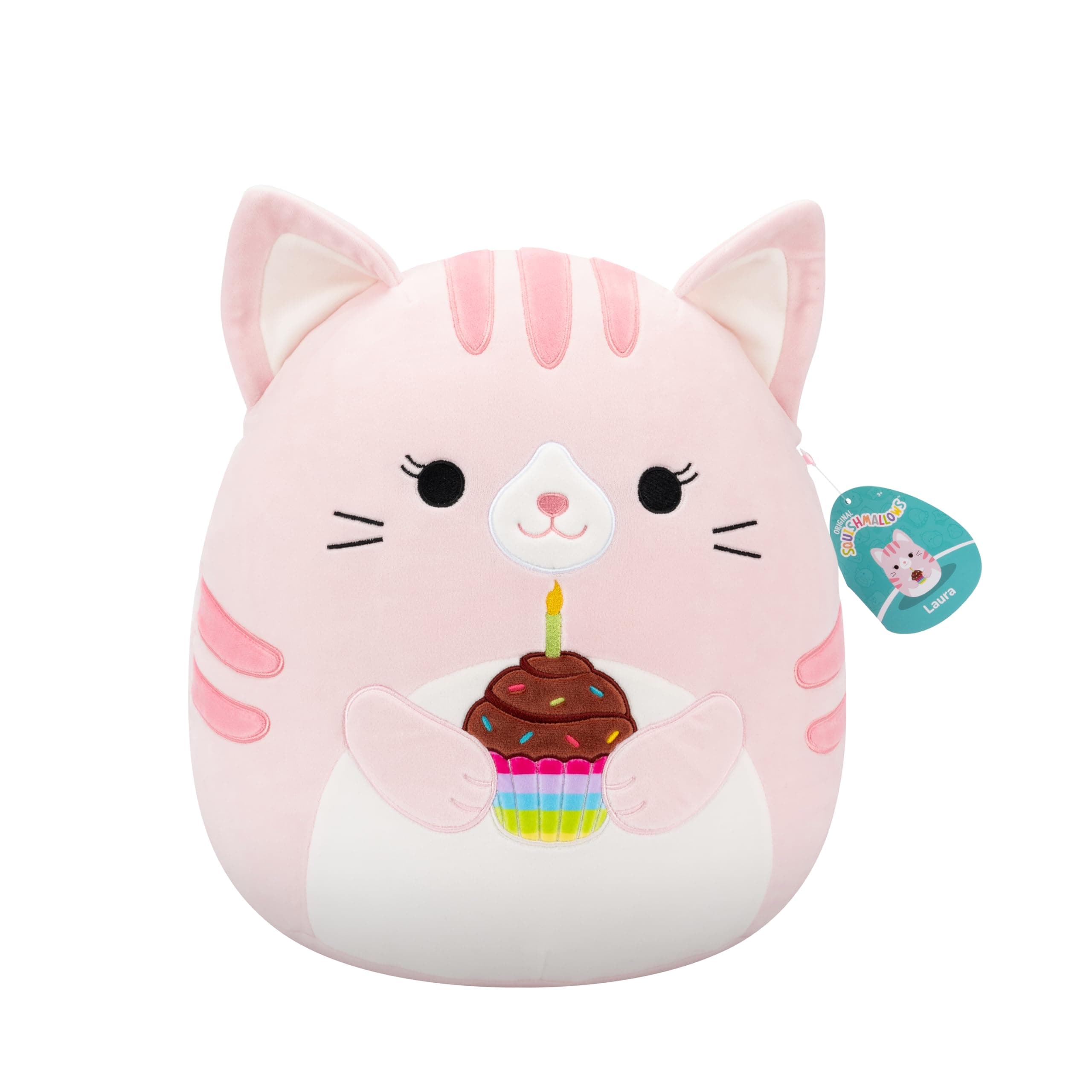 Original 14in Laura The Pink Tabby Cat Holding Birthday Cupcake – Official Jazwares Plush (Large)