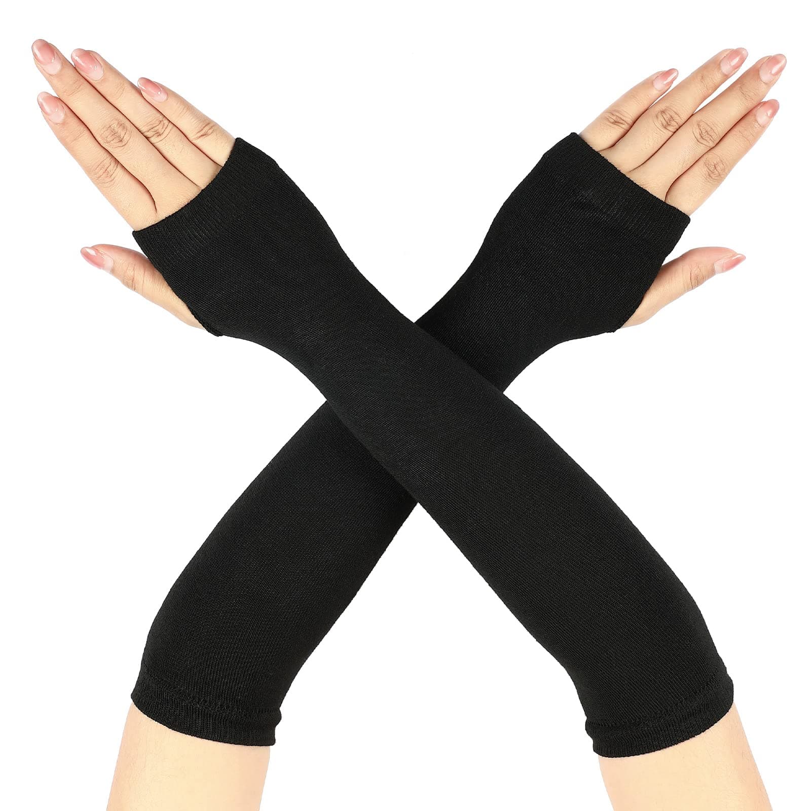 Long Black Fingerless Gloves Elbow Length Arm Warmers Winter Thermal Stretchy Knit Gloves Thumb Hole Long Fingerless Warmers for Women