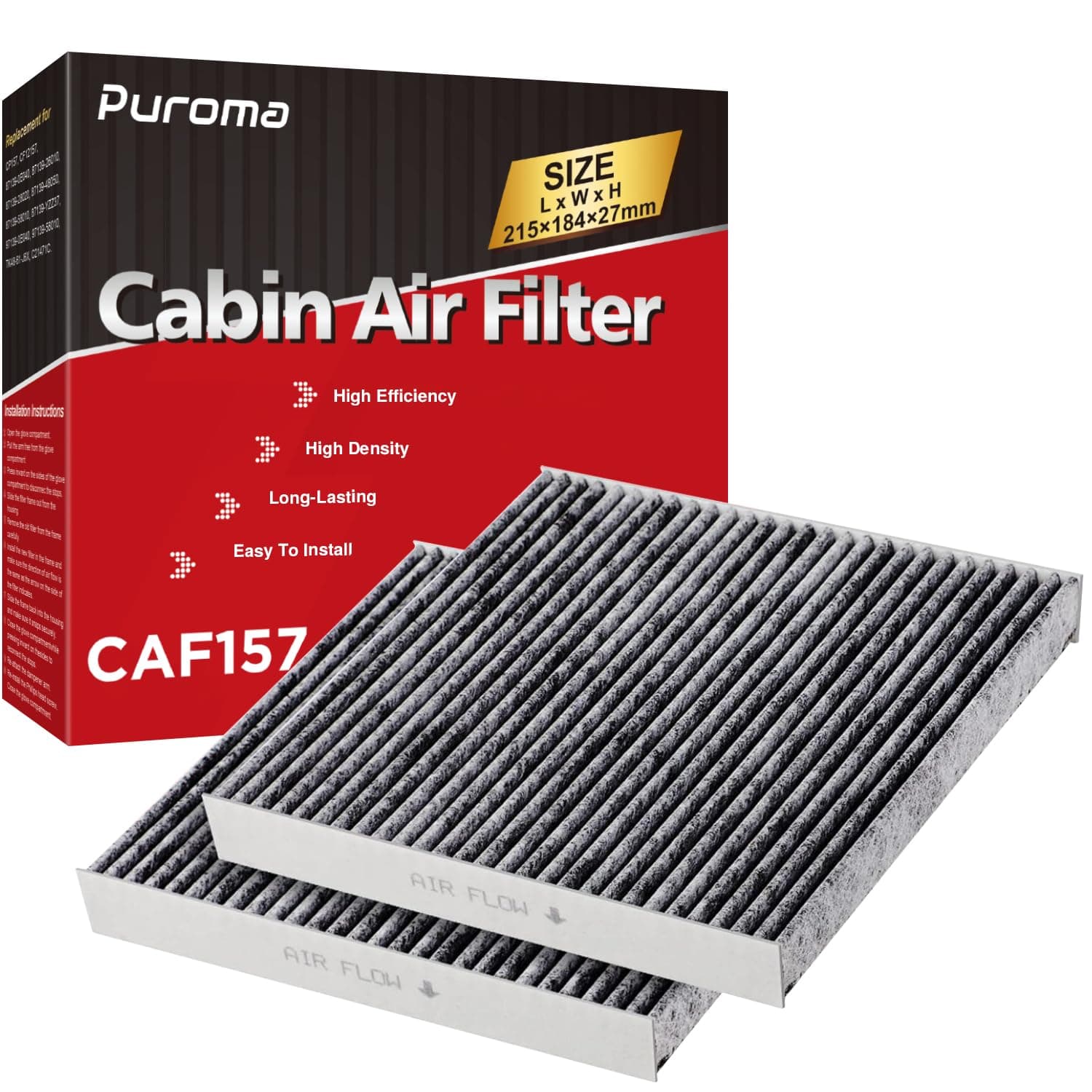 2 Pack Cabin Air Filter with Activated Carbon, Replacement for CP157, CF12157, Select Lexus, Mazda, Subaru and Toyota Avalon, Camry, Corolla, Highlander, Prius, RAV4, Sienna, Venza