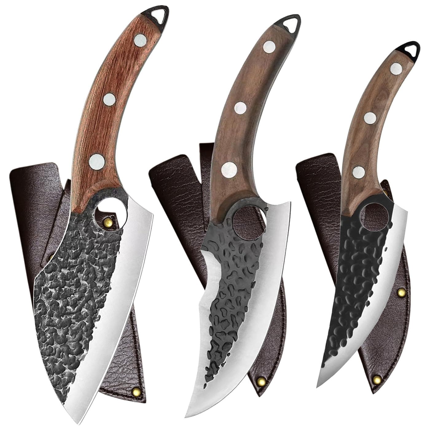 Handmade Forged Kitchen Knife 3 Pcs Professional Chef Knife Set, Hunting, BBQ Meat Knives for Cooking, Forged Kitchen Knife with High Carbon Stainless Steel Cutlery With Leather Sheaths