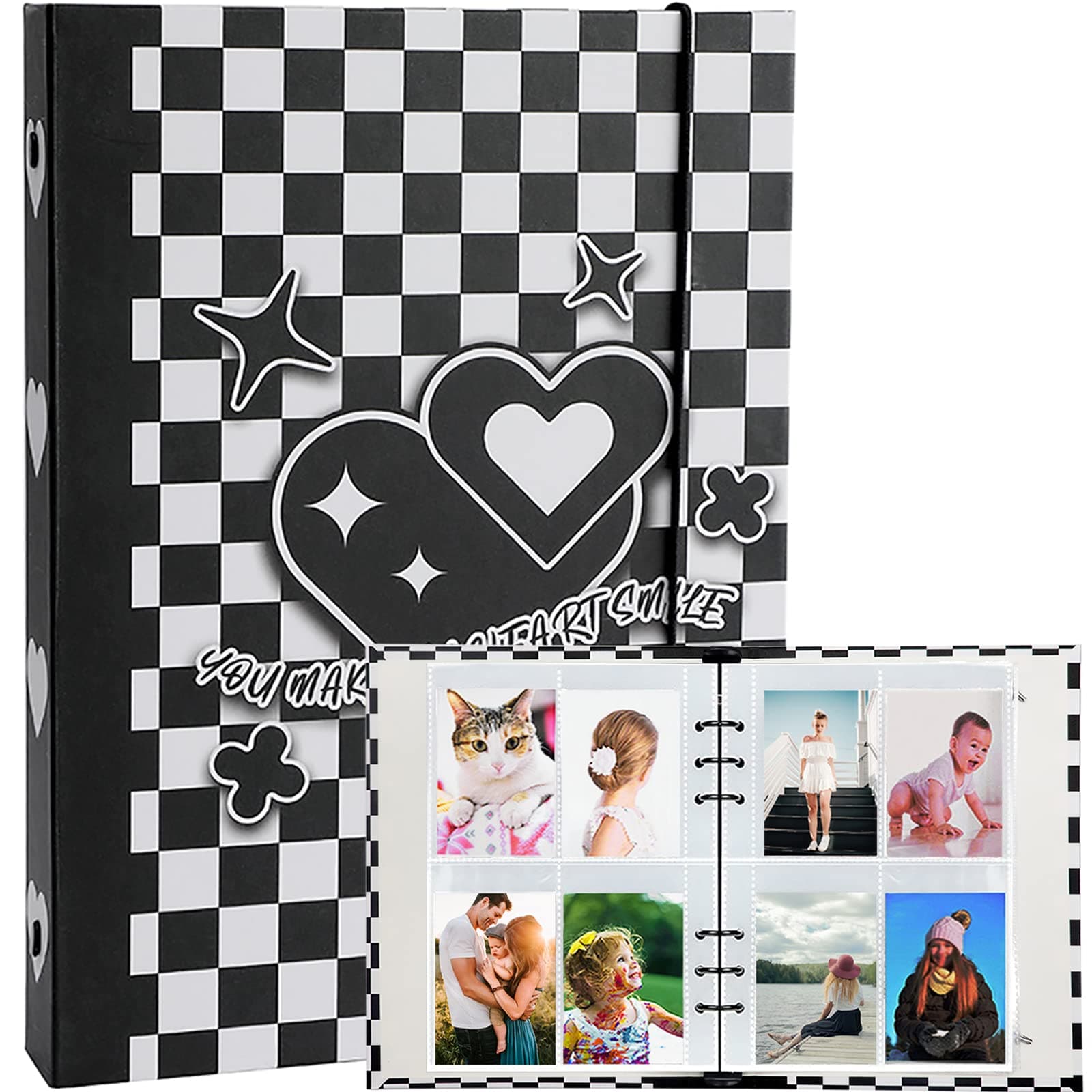 SZHTSWUA5 6-Ring Photo Album, Black White Plaid, Plastic, 20 Pockets, 23.4x17.6x3.6cm