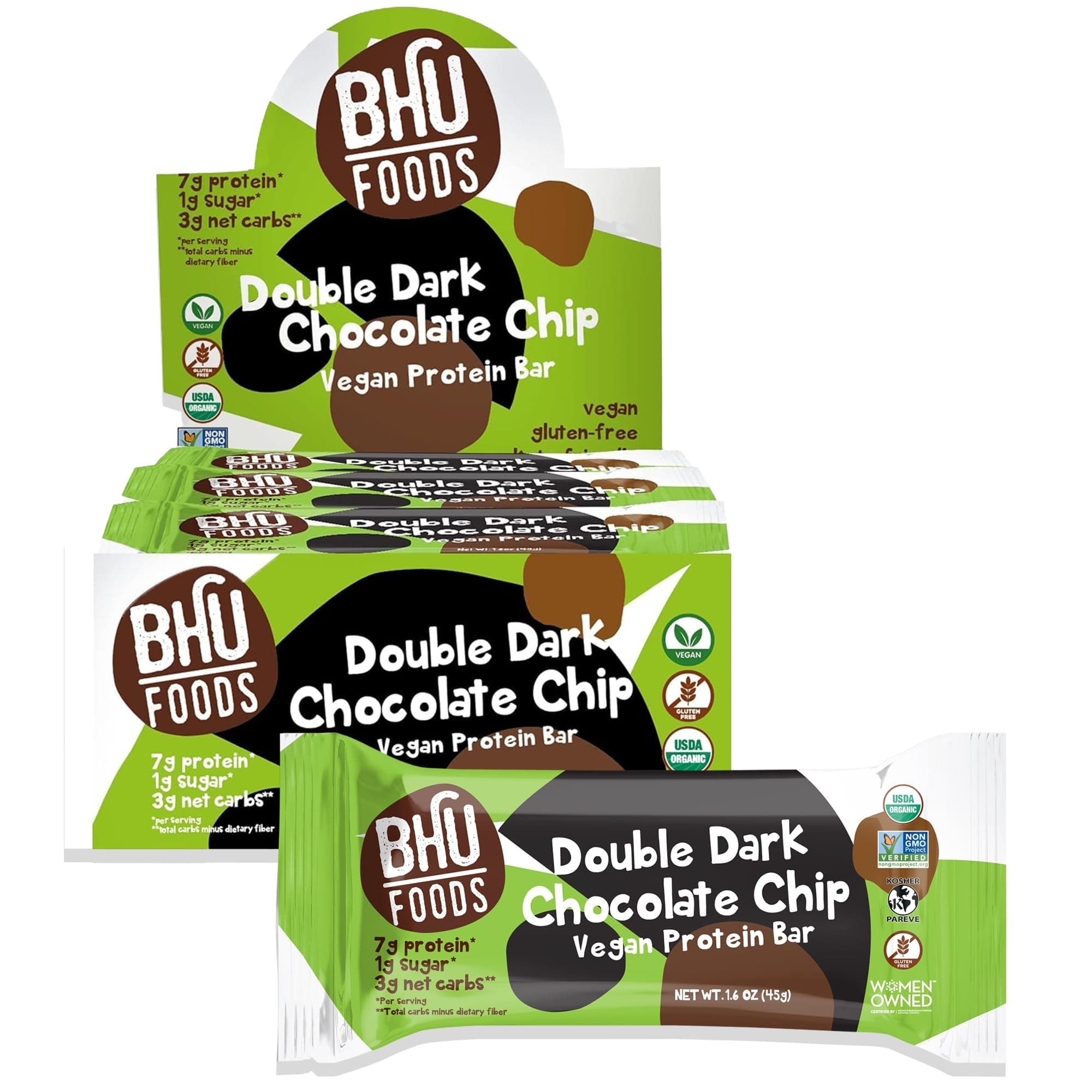 BHU Fit Protein Bars, USDA Organic Vegan Bar, Low Sugar Plant Based Keto Bars, Gluten Free Snacks Individually Wrapped, Low Carb Snack, Double Dark Chocolate Chip (12 Bars)
